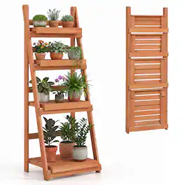 Costway - 4-Tier Plant Stand Foldable Ladder Plant Shelf with Slatted Shelves, Fir Wood Frame - Orange