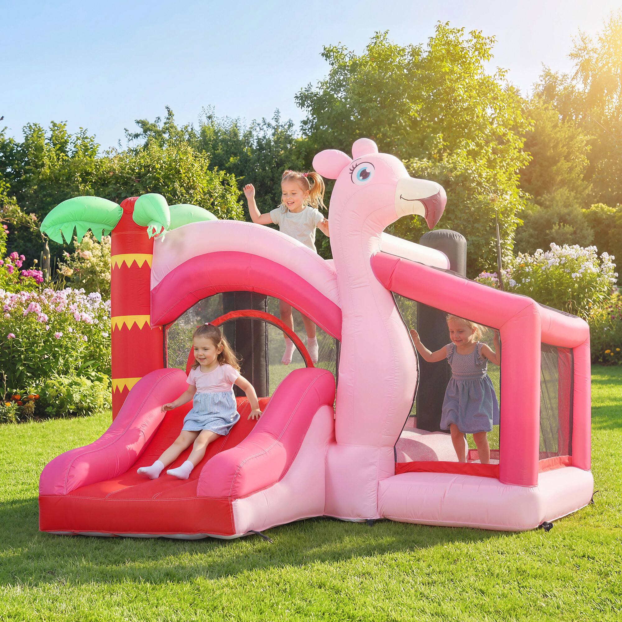 Alt View 1. Qaba - Bounce House with Ball Pool, Basketball Hoop - Pink.