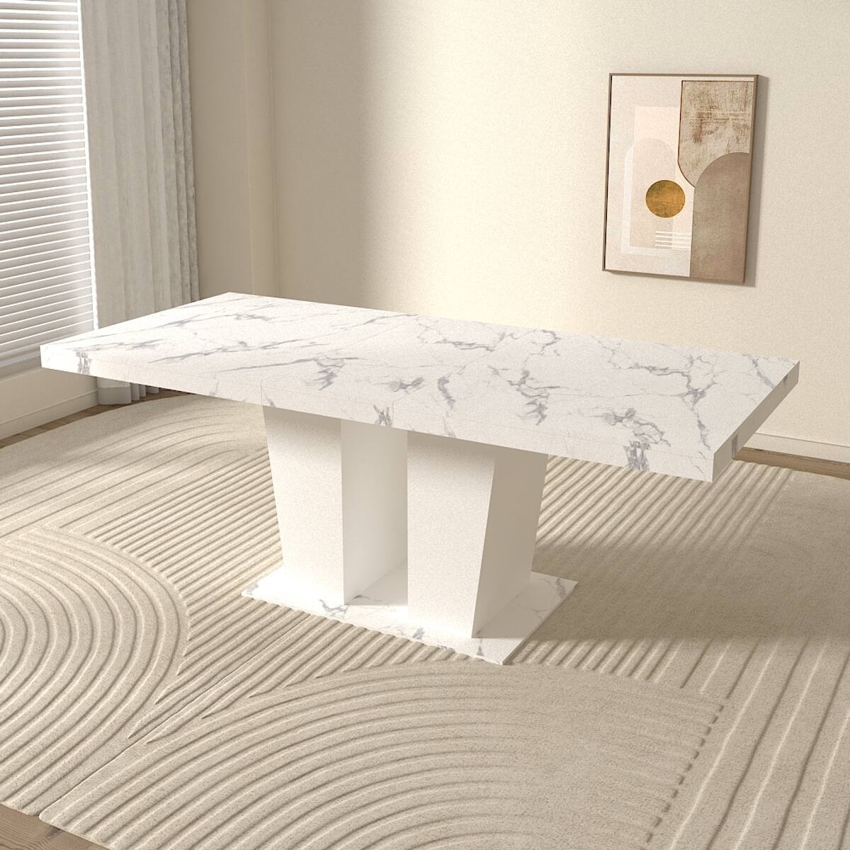 Left. Loheer - Loheer Extendable Dining Table, White Faux Marble Rectangle Table for Six to Ten, Dual Pedestal Base - White Marble.