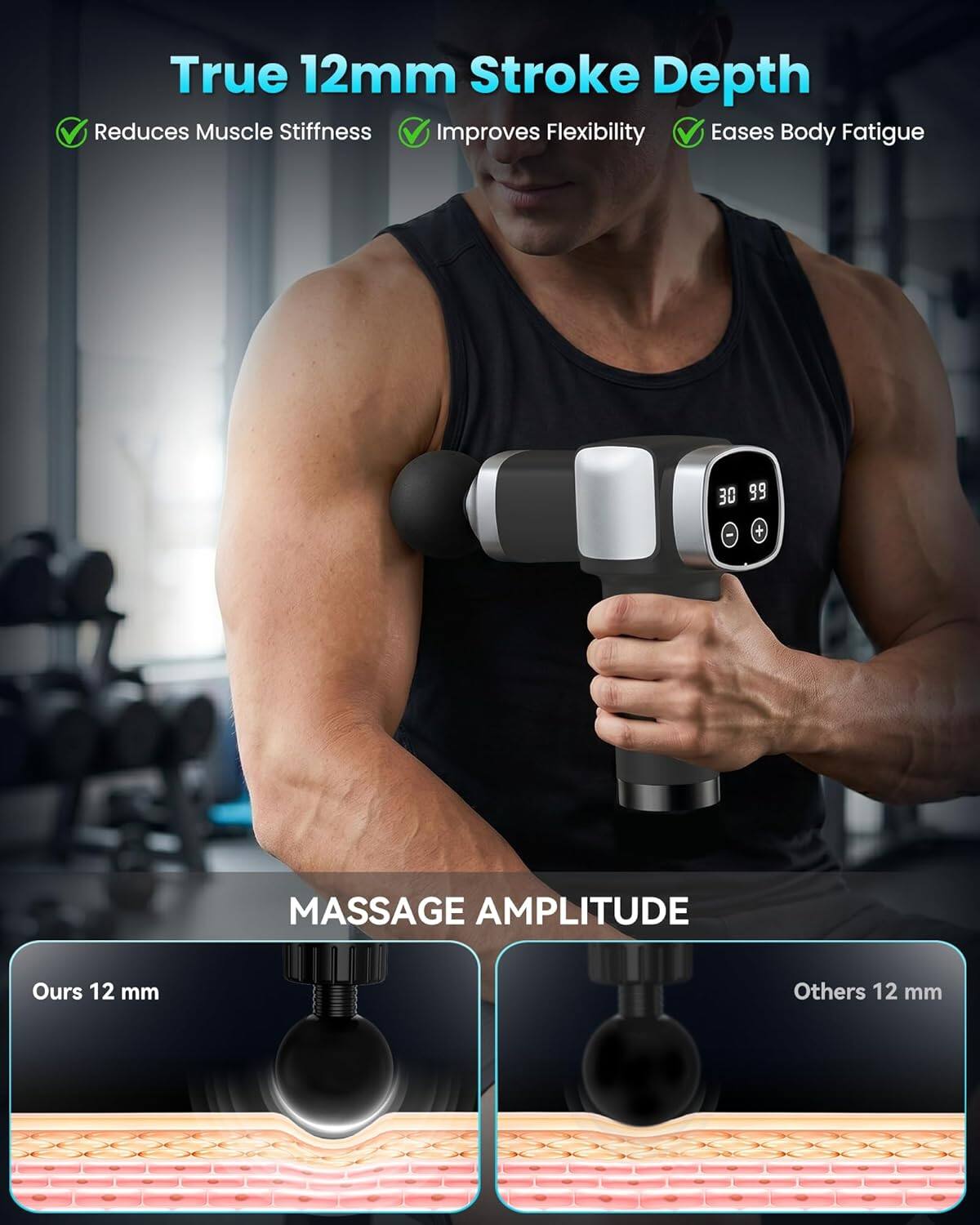 True 12mm Stroke Depth  
Reduces Muscle Stiffness  
Improves Flexibility  
Eases Body Fatigue  

30 99  

MASSAGE AMPLITUDE  
Ours 12 mm  
Others 12 mm
