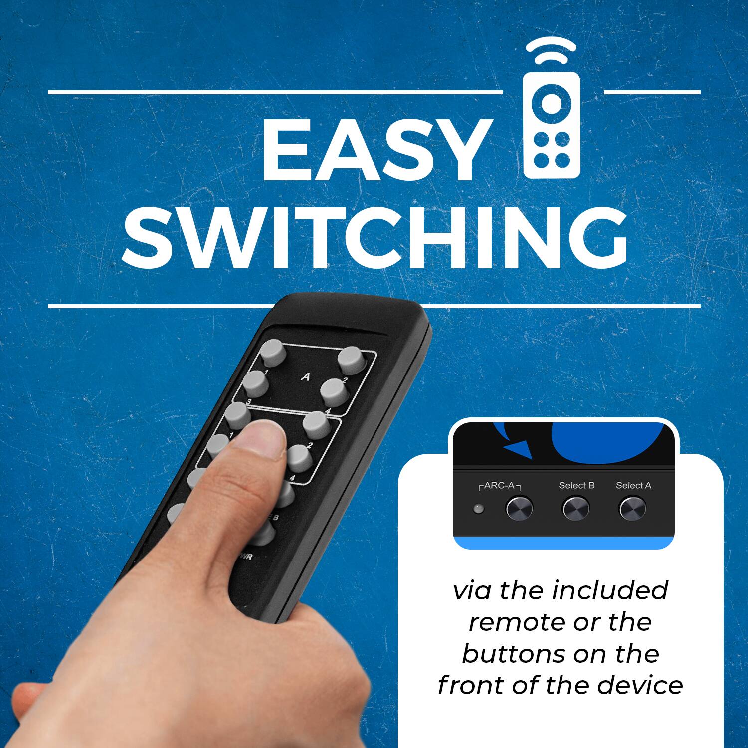 EASY SWITCHING / via the included remote or the buttons on the front of the device / A 1 2 4 FARC-A- 7 Select  Select A R