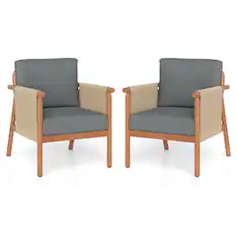 Gymax - 2PCS Patio Acacia Wood Chair w/ Woven Rope Armrests & Seat Back Cushions - Gray