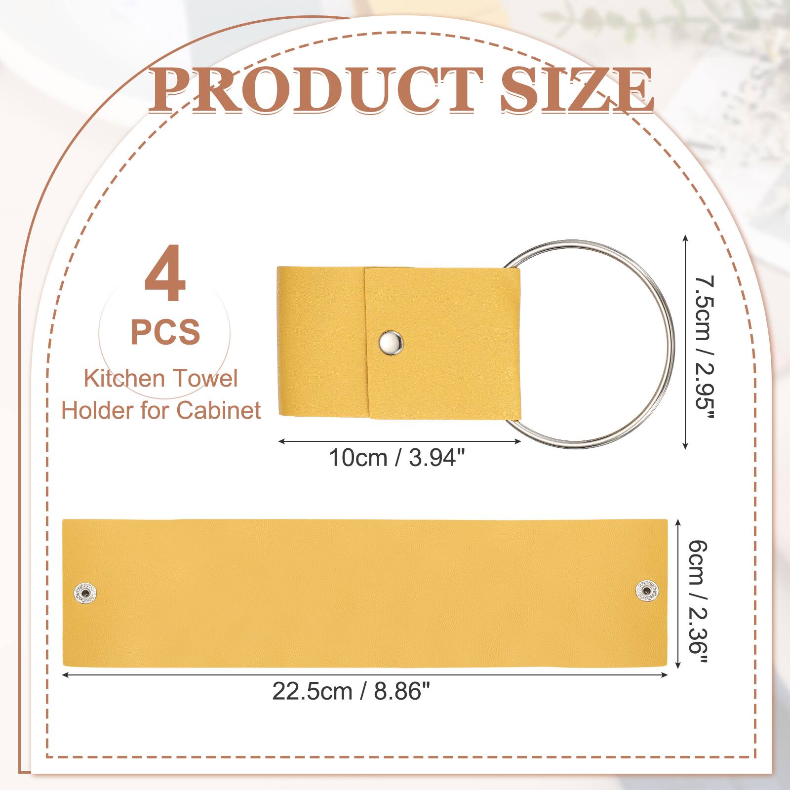 PRODUCT SIZE

4 PCS Kitchen Towel Holder for Cabinet

10cm / 3.94"  
22.5cm / 8.86"  
7.5cm / 2.95"  
6cm / 2.36"