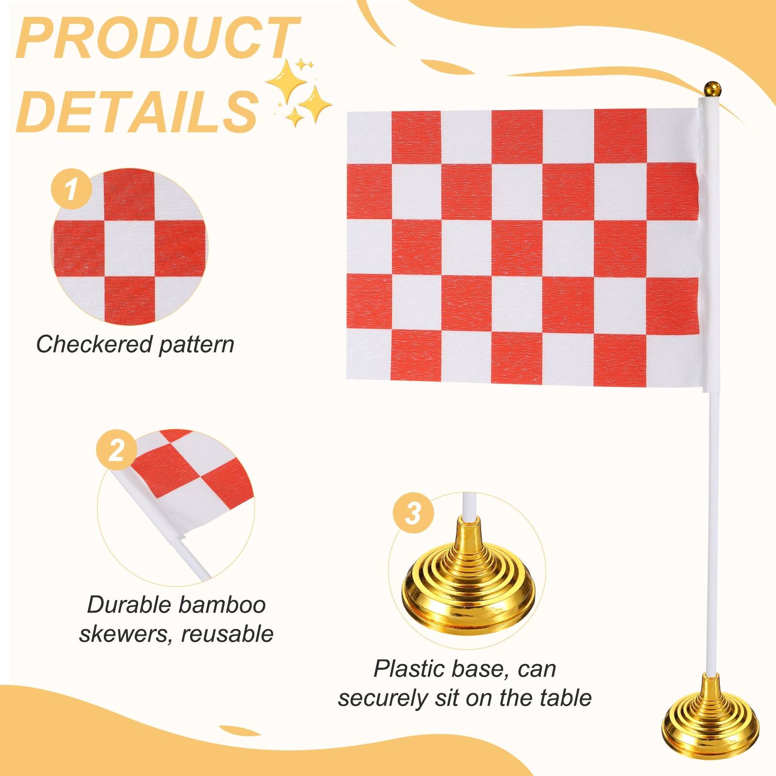 PRODUCT DETAILS

1. Checkered pattern

2. Durable bamboo skewers, reusable

3. Plastic base, can securely sit on the table