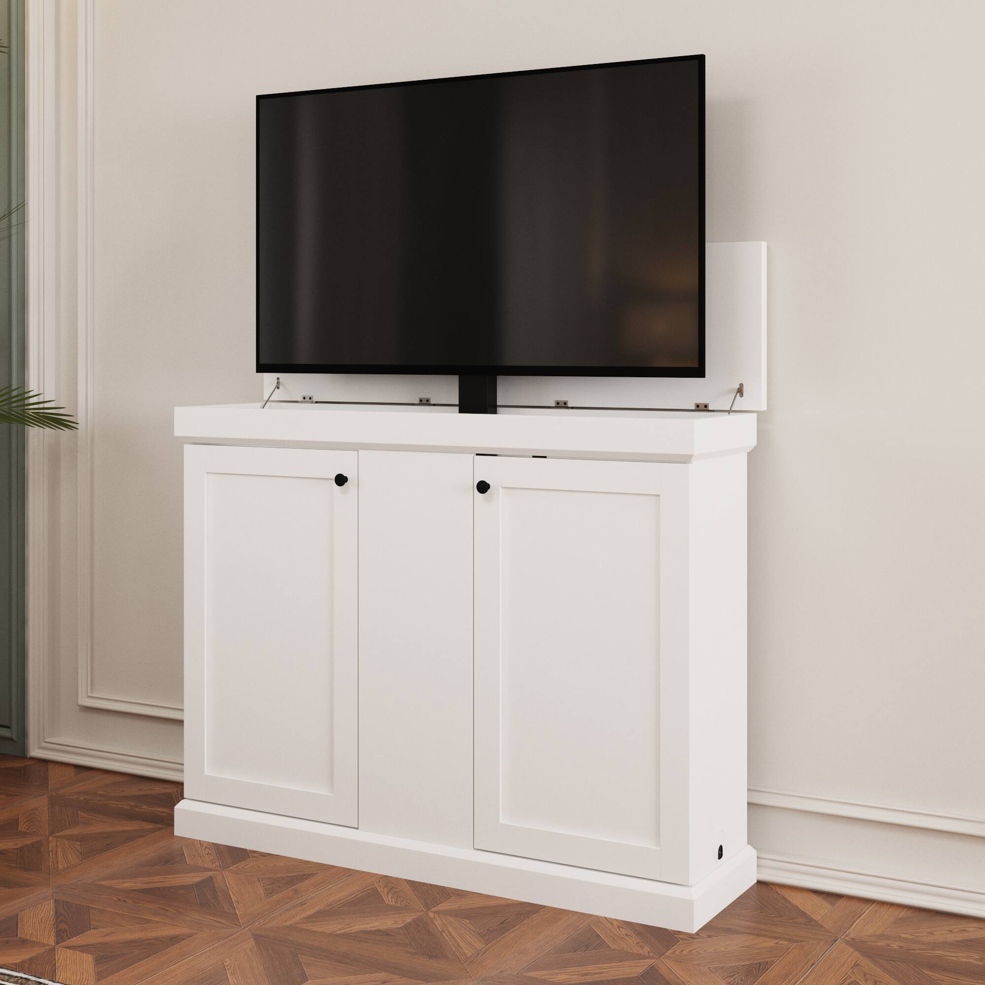 Left. Famapy - Smart Lift TV Console for Up to 50 Inch TV, Remote Control Media Cabinet with Hidden Storage Entertainment Center - White.