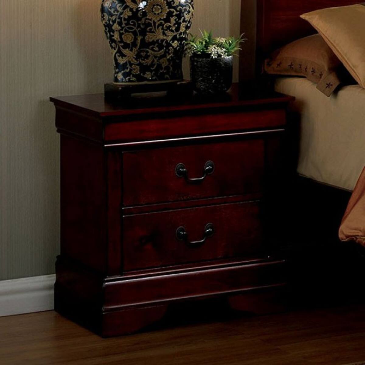 Left. Loheer - Loheer Cherry Finish Two Drawer Nightstand with Solid Wood Construction - Cherry.