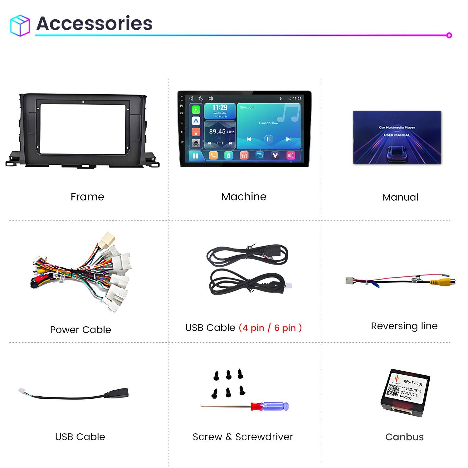 Accessories

Frame

Machine

Manual

Power Cable

USB Cable (4 pin / 6 pin)

Reversing line

USB Cable

Screw & Screwdriver

Canbus