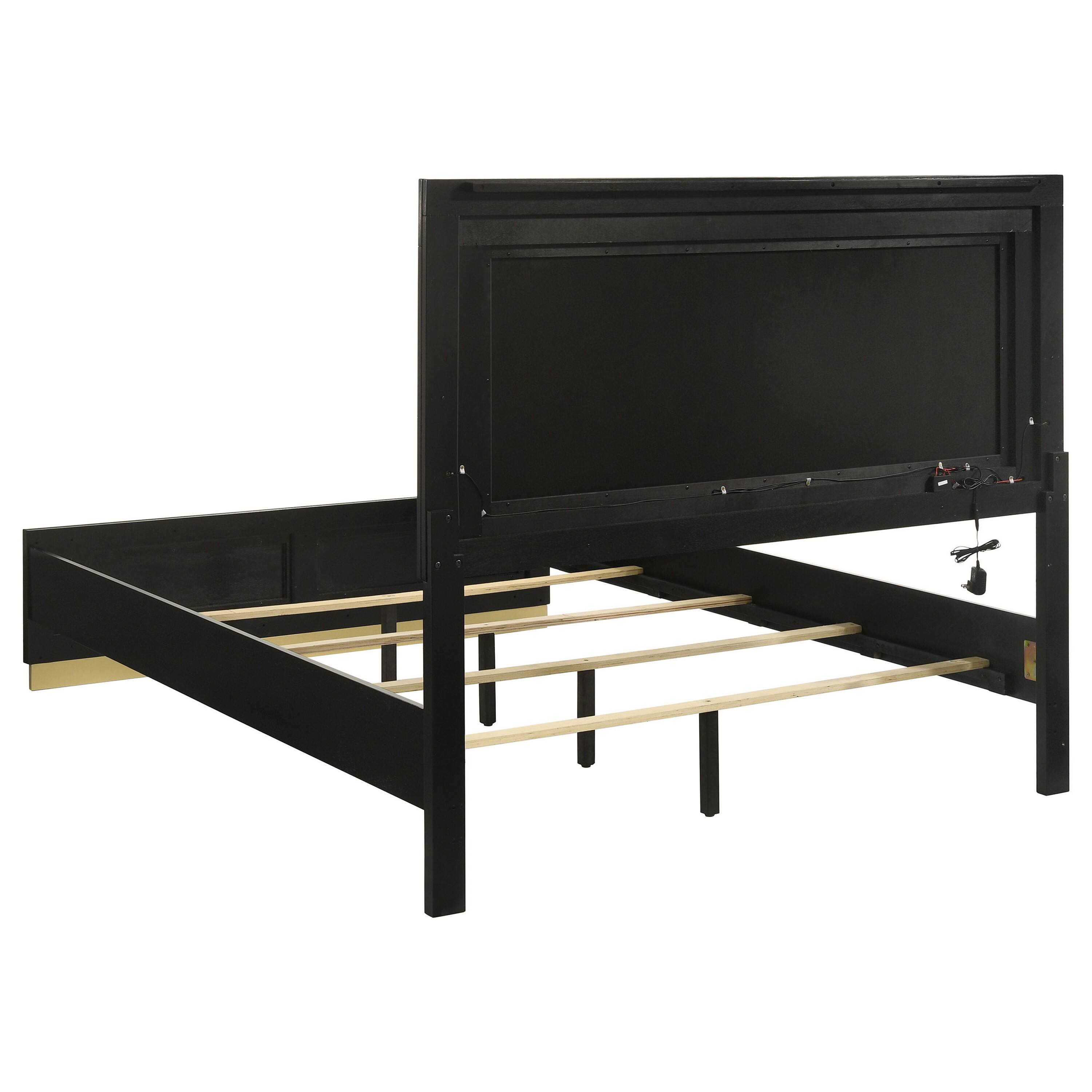 Alt View 3. Manhattan Lane - Caer Queen Size Bed, LED Panel Tall Headboard, Gray Upholstery, Black Okume - Black, Gray, Gold.