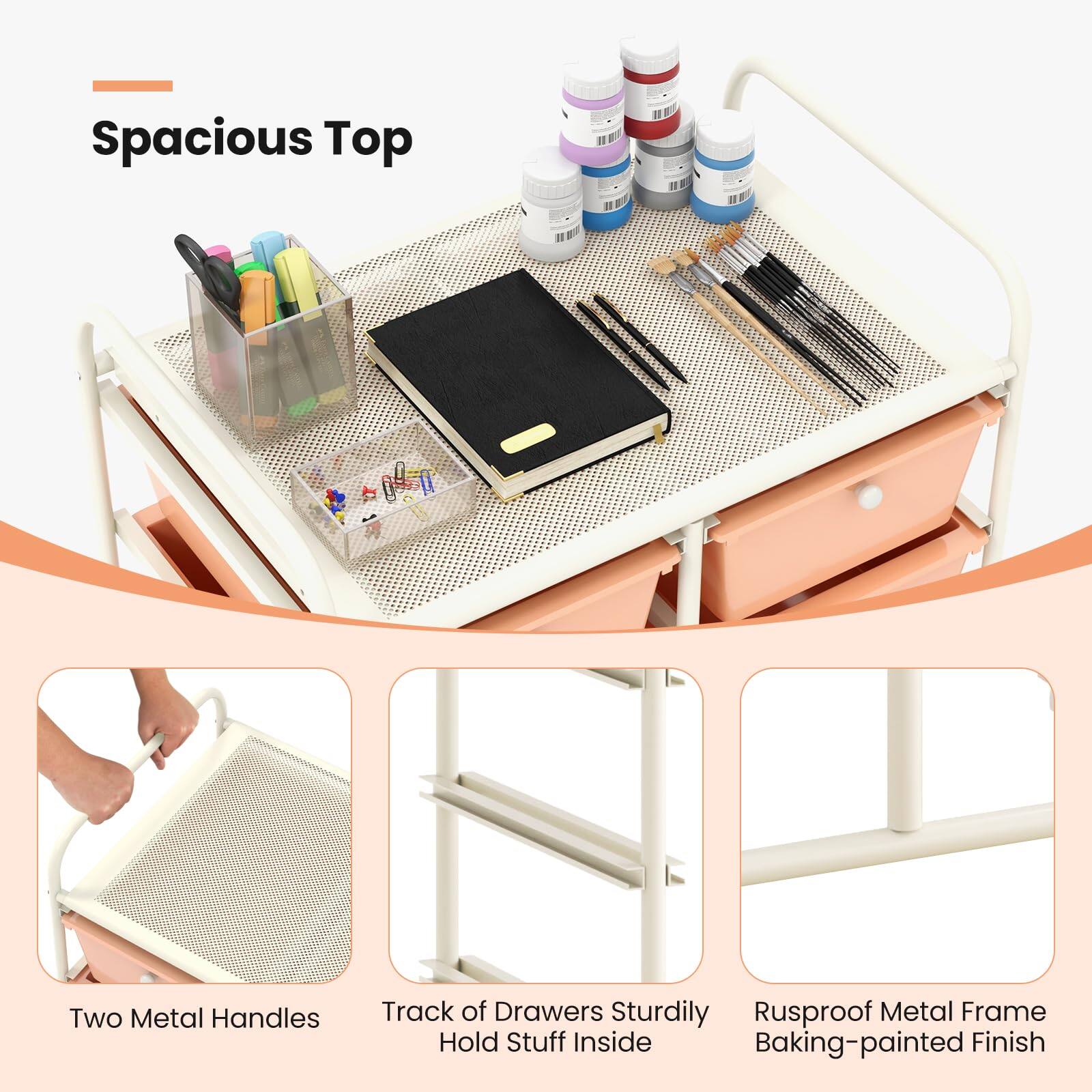 Spacious Top

Two Metal Handles

Track of Drawers Sturdily Hold Stuff Inside

Rusproof Metal Frame Baking-painted Finish