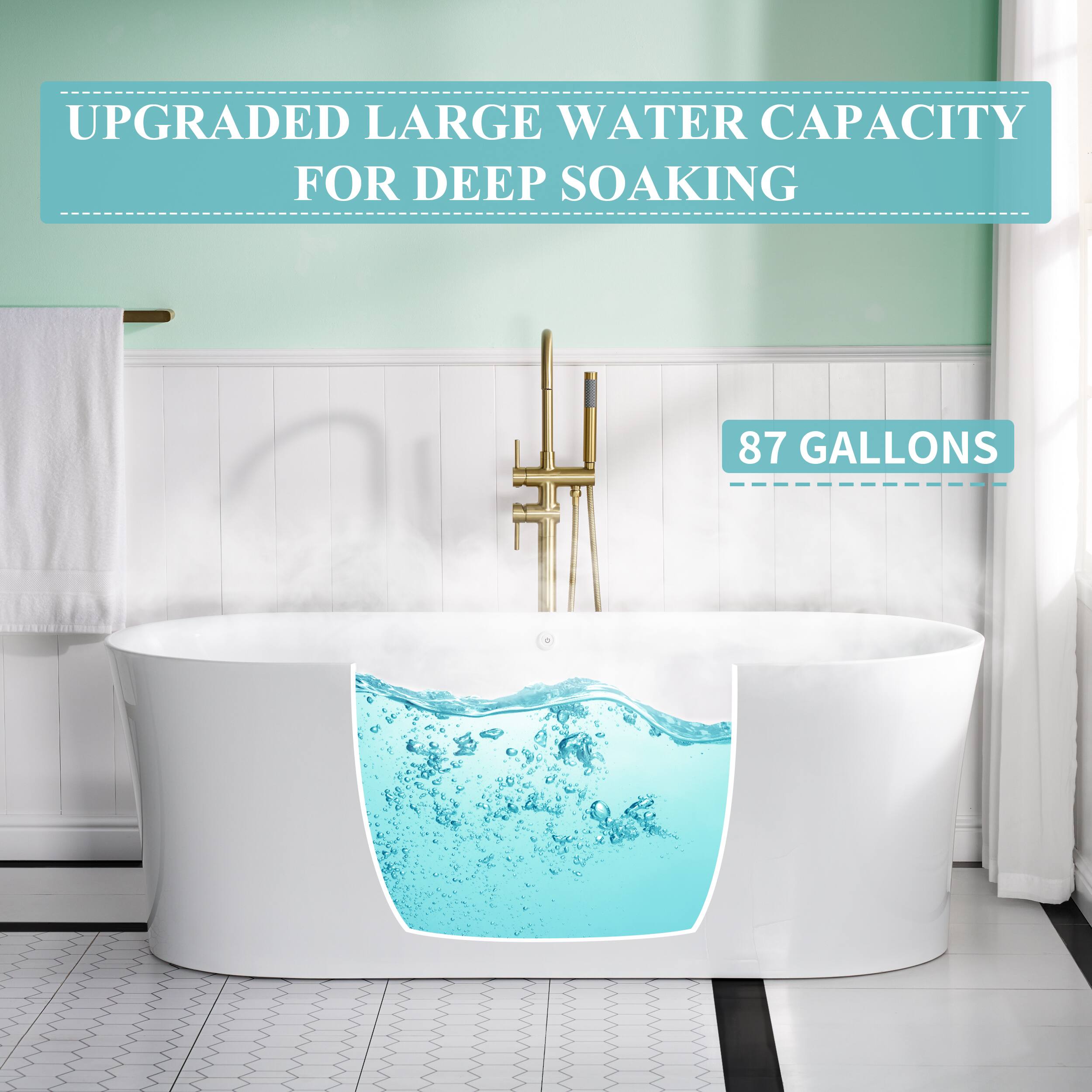 UPGRADED LARGE WATER CAPACITY FOR DEEP SOAKING  
87 GALLONS