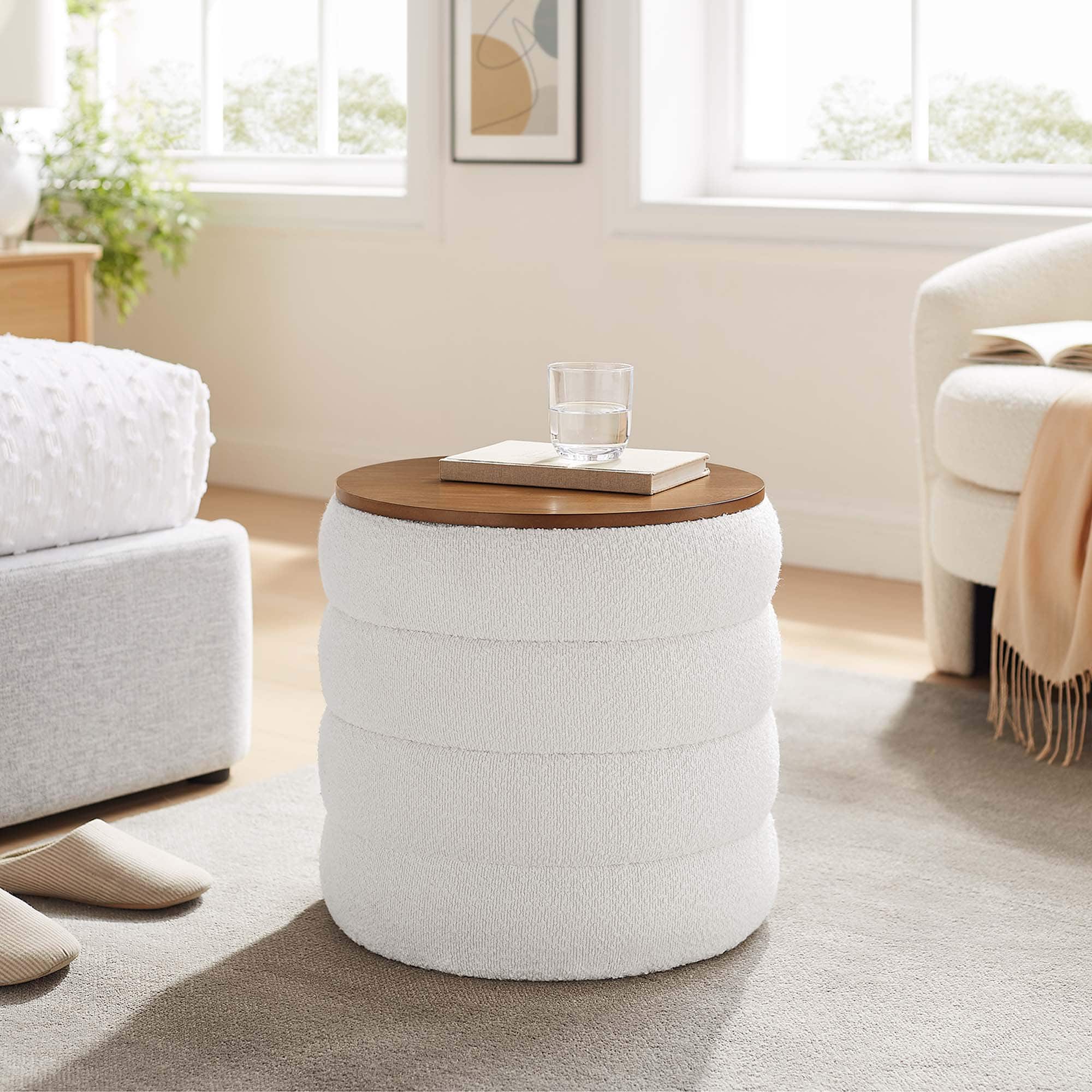 Mezzo Round Boucle Fabric Storage Ottoman by Modway - Cloud