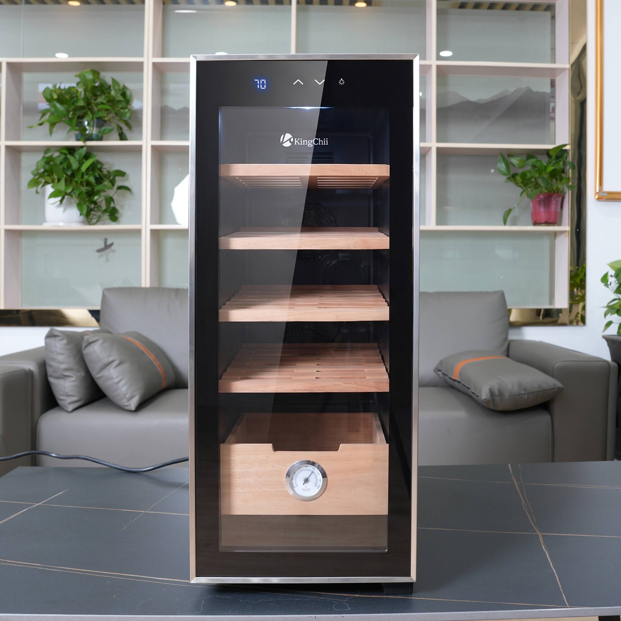 Left. KingChii - 33L Thermoelectric Cigar Humidor Storage Cabinet with Temp Control, Spanish Cedar Shelves and Hygrometer(250 Capacity) - Black.