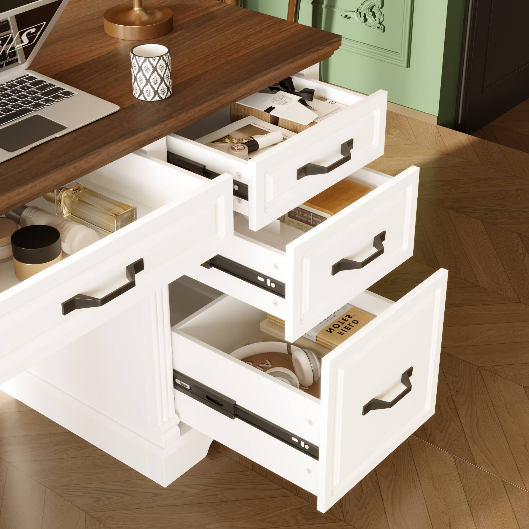 Alt View 8. Famapy - Vintage Style Writing Desk with Storage Drawers, Classic Home Office Computer Table for Study or Workspace - Brown & White.