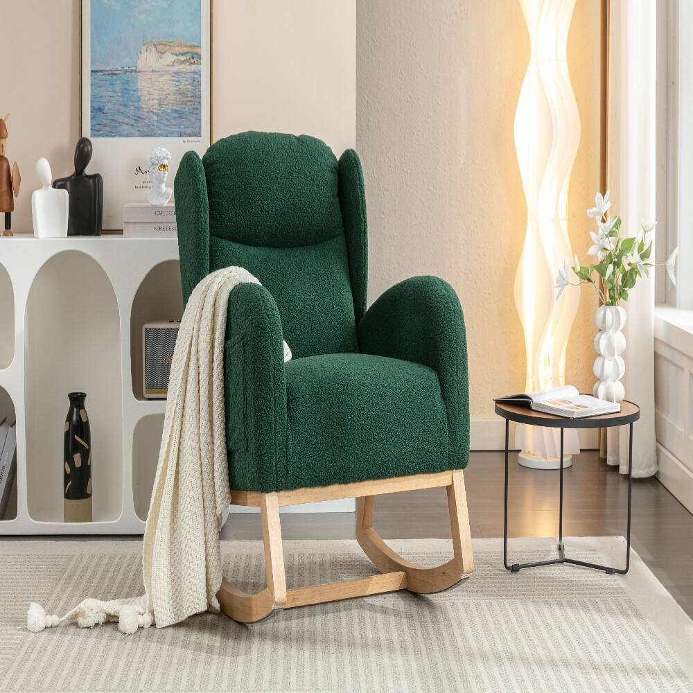 Left. Loheer - Loheer Green Teddy Fabric Rocking Chair with Wood Legs Ergonomic Living Room Accent Chair - Green.