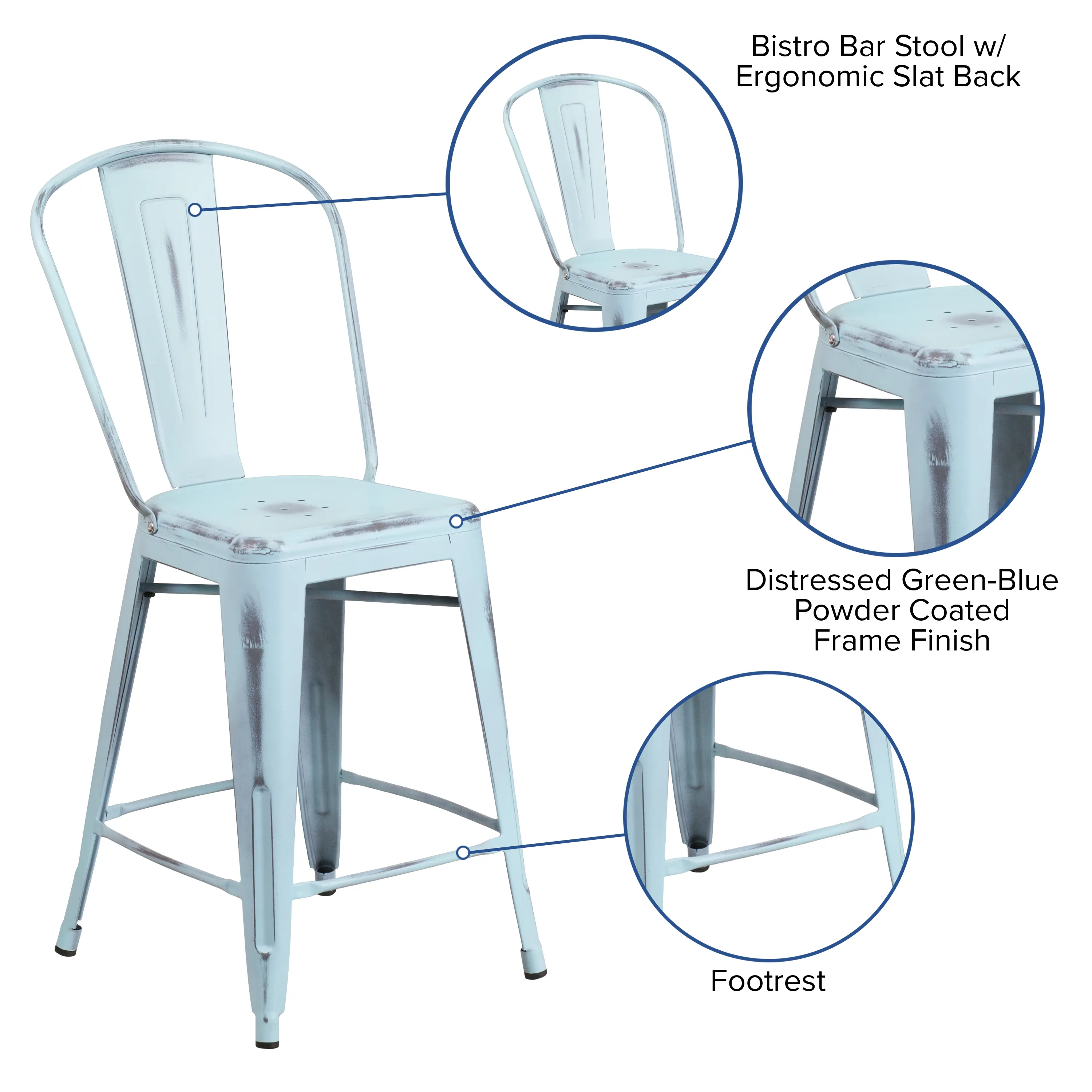 Bistro Bar Stool w/ Ergonomic Slat Back  
Distressed Green-Blue Powder Coated Frame Finish  
Footrest