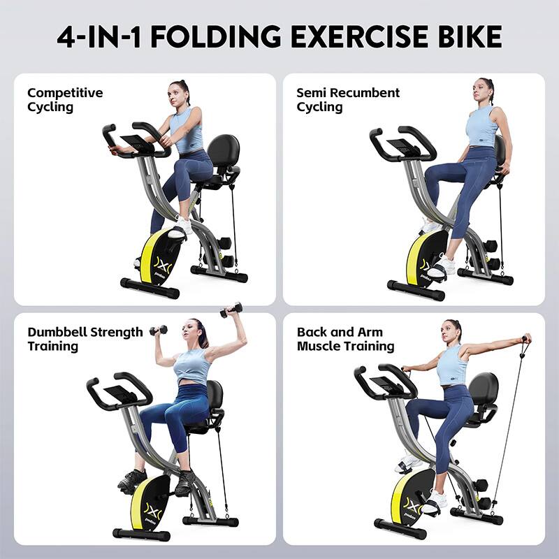 4-IN-1 FOLDING EXERCISE BIKE

Competitive Cycling

Semi Recumbent Cycling

Dumbbell Strength Training

Back and Arm Muscle Training