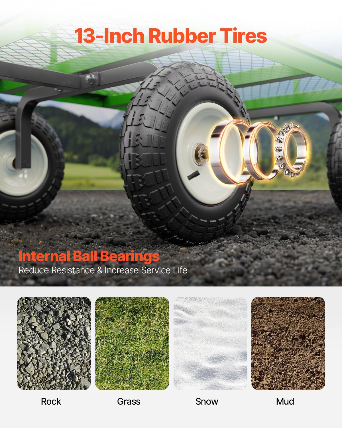 13-Inch Rubber Tires, Internal Ball Bearings, Reduce Resistance & Increase Service Life, Rock, Grass, Snow, Mud