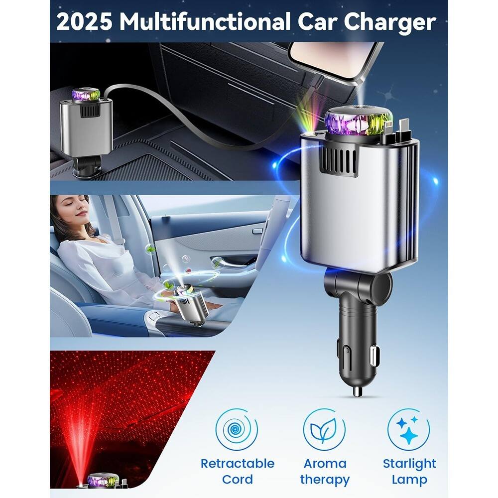 2025 Multifunctional Car Charger

- Retractable Cord
- Aroma therapy
- Starlight Lamp