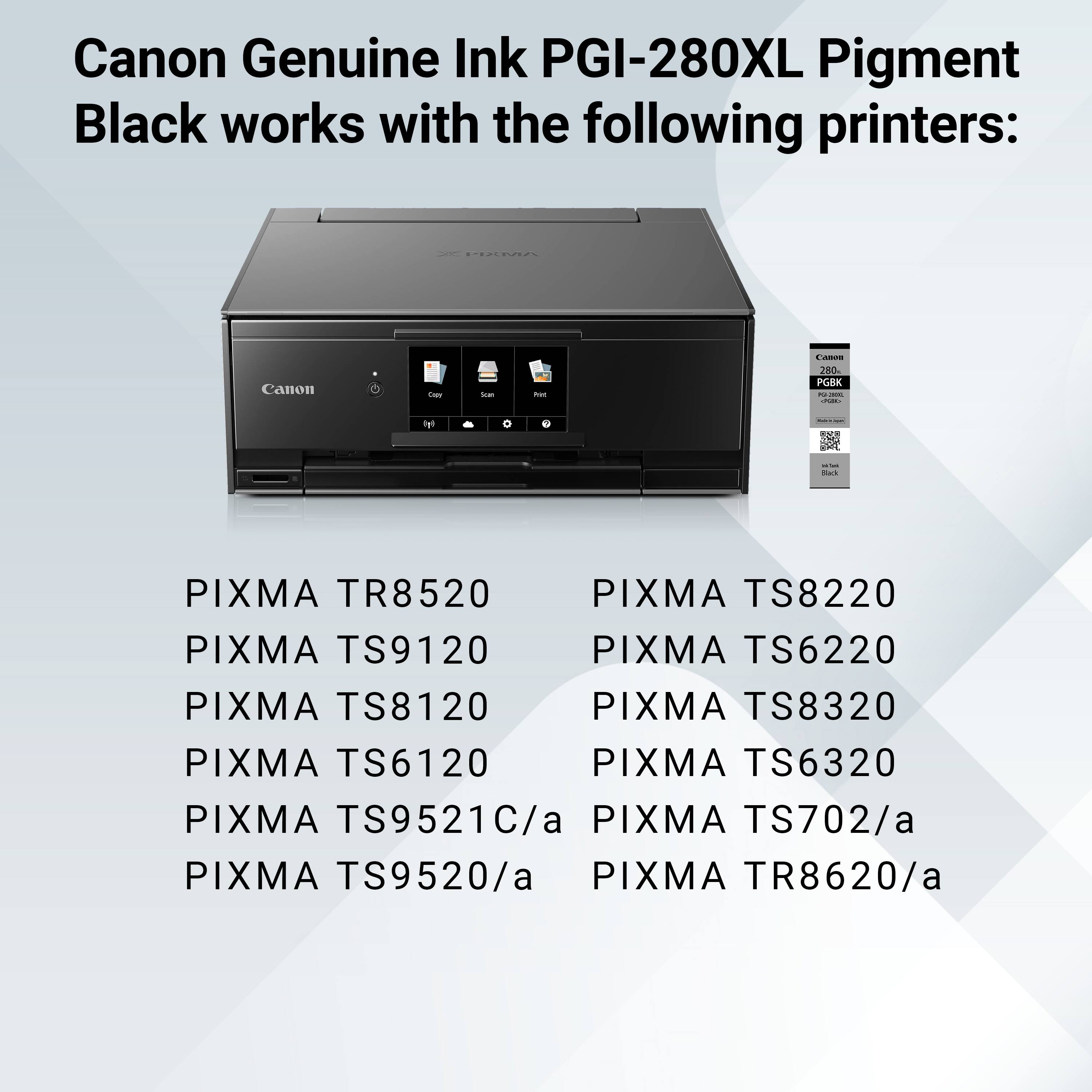 Canon Genuine Ink PGI-280XL Pigment Black works with the following printers:

- PIXMA TR8520
- PIXMA TS9120
- PIXMA TS8120
- PIXMA TS6120
- PIXMA TS9521C/a
- PIXMA TS9520/a
- PIXMA TS8220
- PIXMA TS6220
- PIXMA TS8320
- PIXMA TS6320
- PIXMA TS702/a
- PIXMA TR8620/a