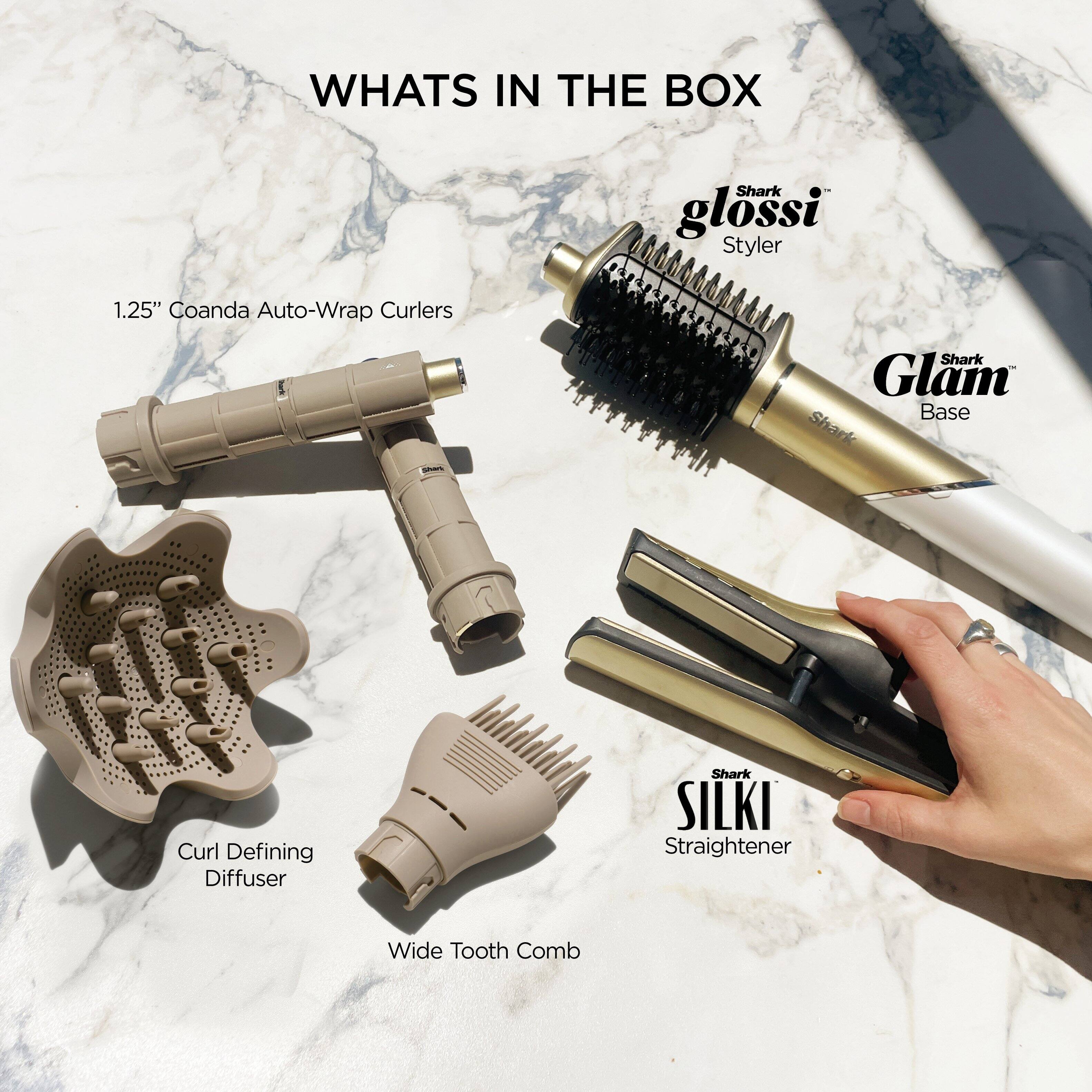 WHATS IN THE BOX

1.25" Coanda Auto-Wrap Curlers

Shark glossi Styler

Shark Glam Base

Curl Defining Diffuser

Wide Tooth Comb

Shark SILKI Straightener