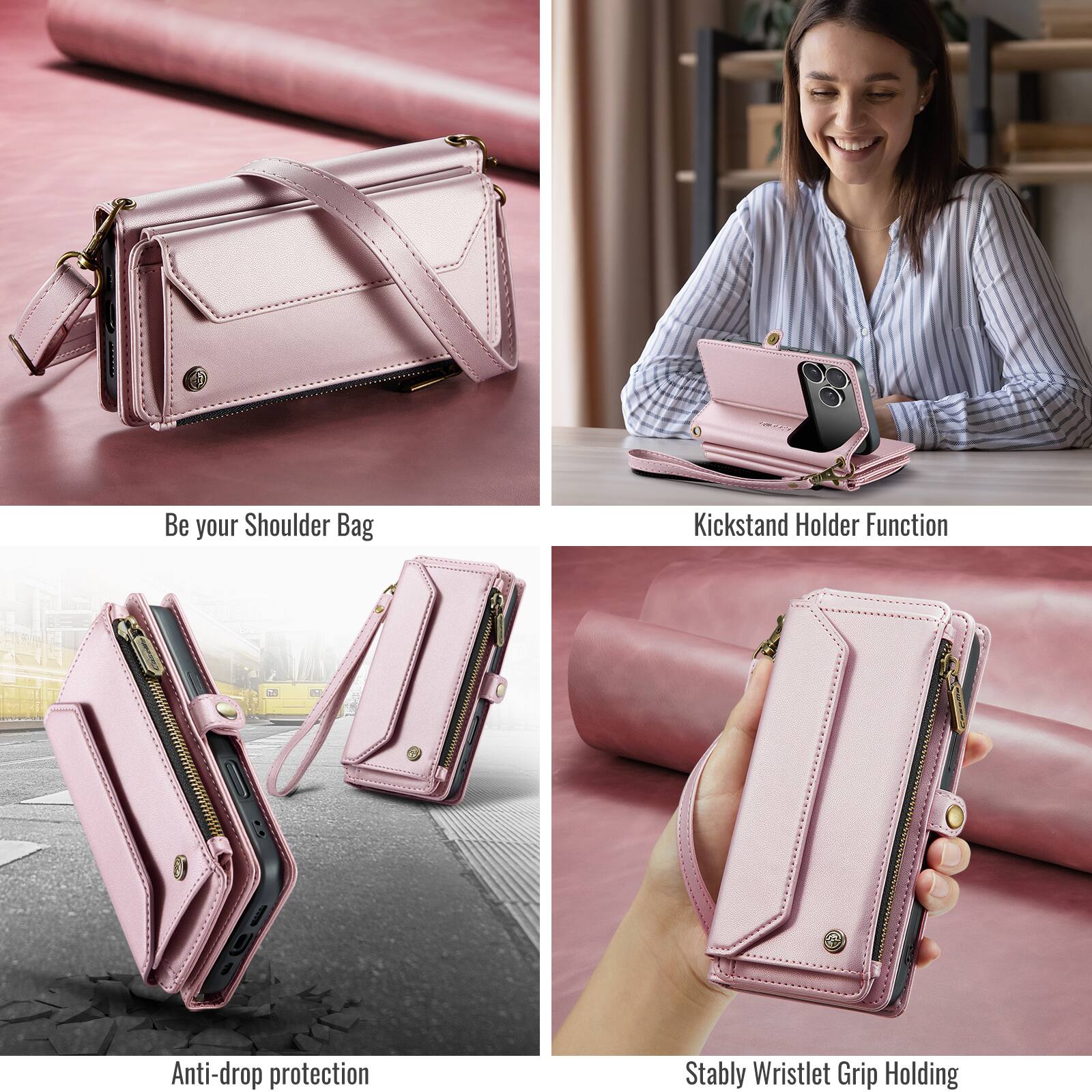 Be your Shoulder Bag  
Kickstand Holder Function  
Anti-drop protection  
Stably Wristlet Grip Holding