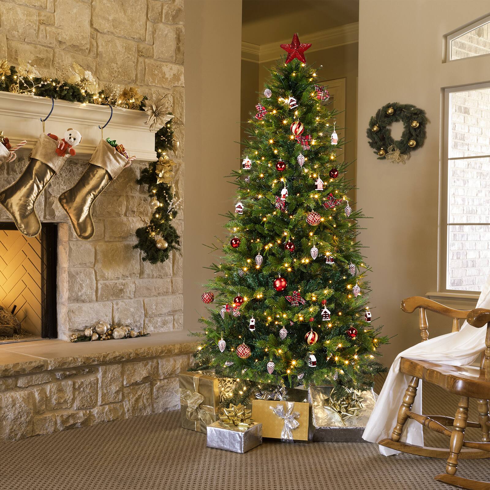 Angle. VAVSEA - 7.5 ft Pre-Lit Artificial Christmas Tree with 400 Warm White LED Lights, Hinged Xmas Tree with Skirt & Red Ornaments - Green.