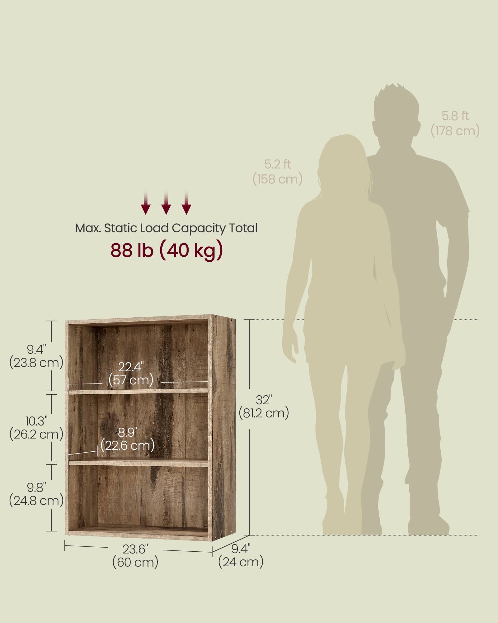 5.8 ft (178 cm)  
5.2 ft (158 cm)  

Max. Static Load Capacity Total: 88 lb (40 kg)  

9.4" (23.8 cm)  
10.3" (26.2 cm)  
22.4" (57 cm)  
8.9" (22.6 cm)  
32" (81.2 cm)  
9.8" (24.8 cm)  
23.6" (60 cm)  
9.4" (24 cm)