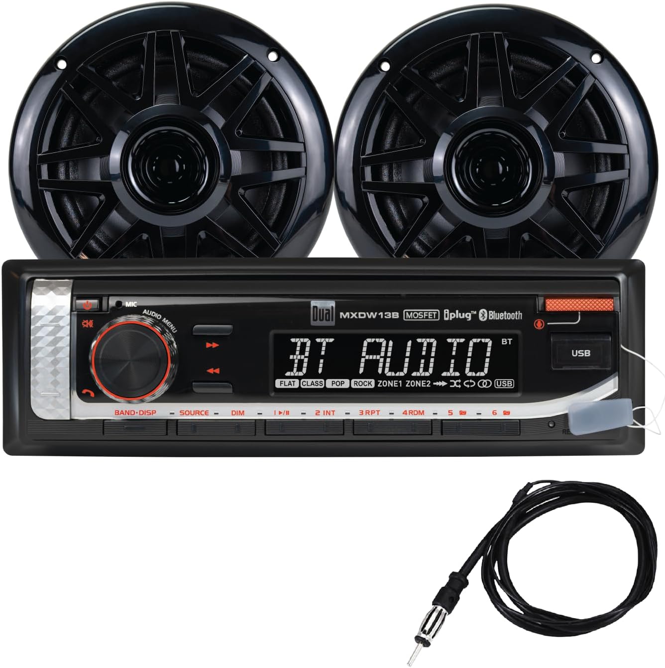 Dual - MXP152B Single DIN Marine Radio | AM/FM | Bluetooth | USB 2.1A | Includes 6.5" Speakers | Antenna - Black