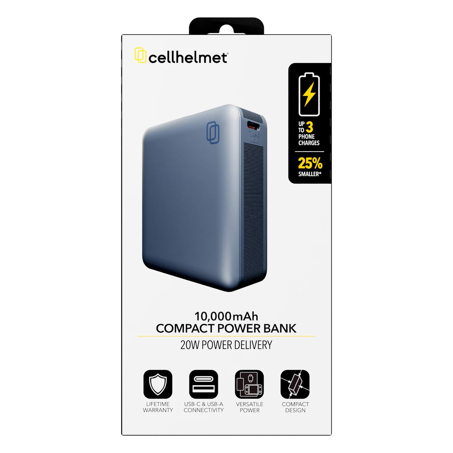 @cellhelmet UP TO 3 PHONE CHARGES 25% SMALLER* 10,000mAh COMPACT POWER BANK 20W POWER DELIVERY LIFETIME USB-C & USB-A VERSATILE WARRANTY CONNECTIVITY POWER COMPACT DESIGN