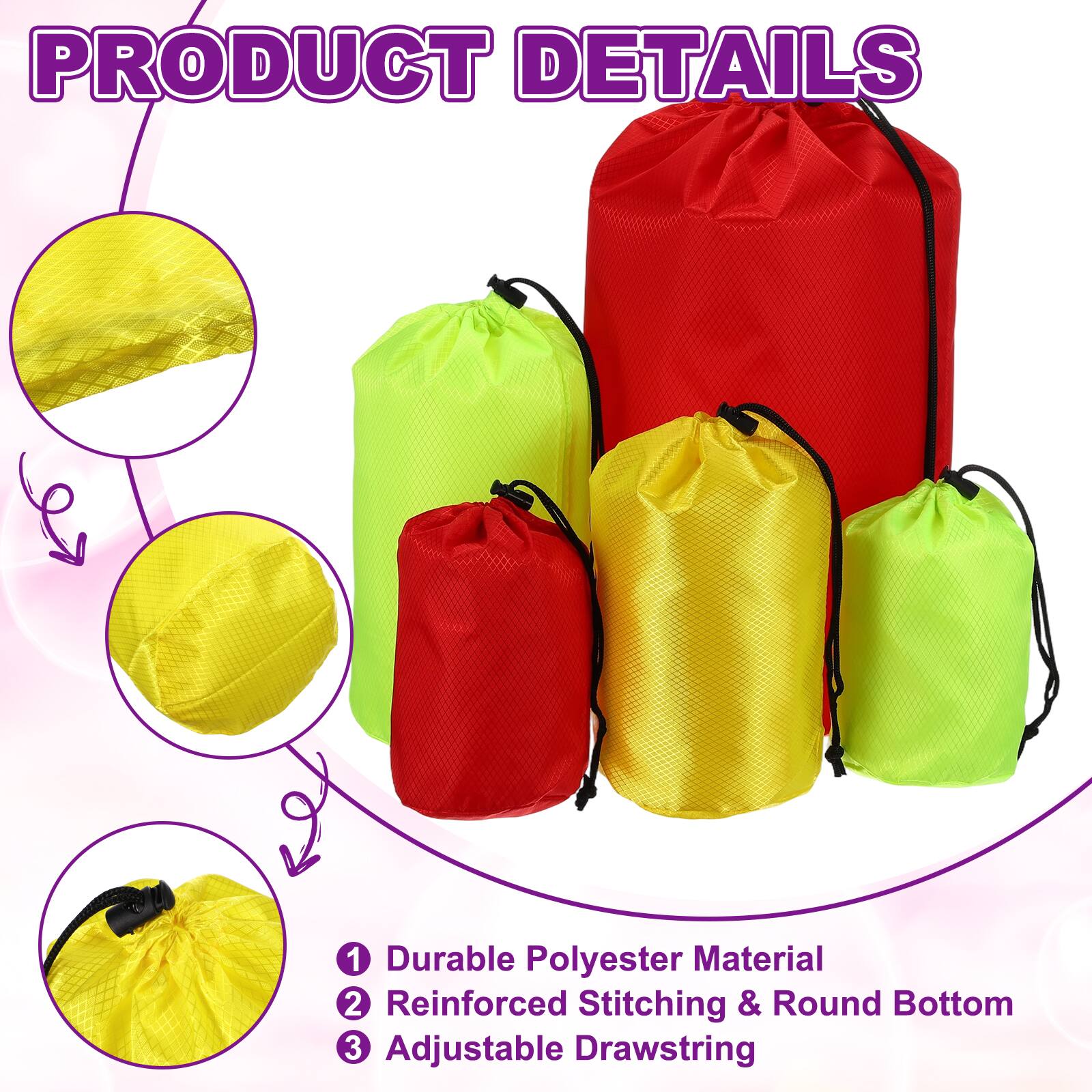 PRODUCT DETAILS

1. Durable Polyester Material
2. Reinforced Stitching & Round Bottom
3. Adjustable Drawstring