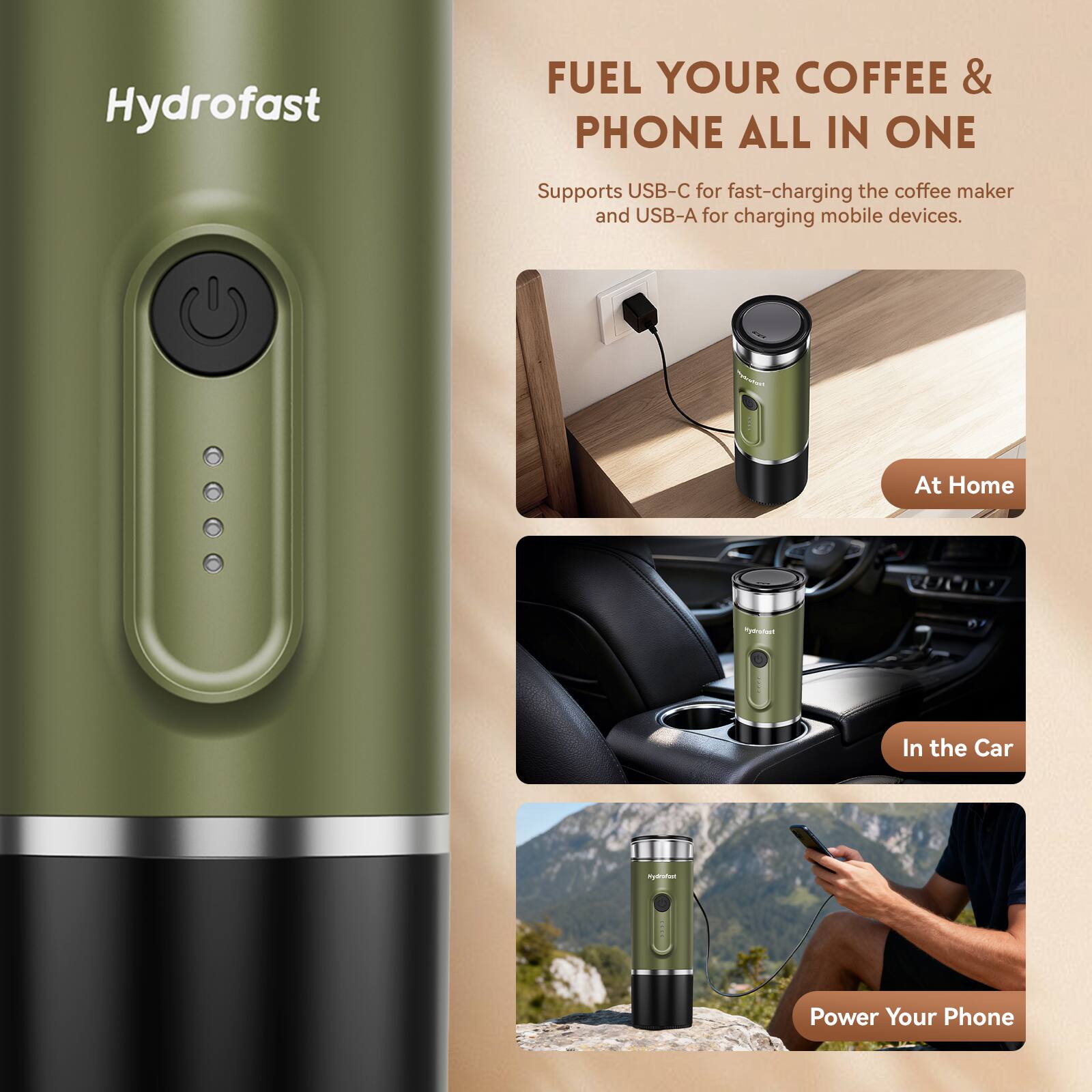 Alt View 9. Hydrofast - PO-100 Portable Espresso Maker, 20-Bar Pressure, 9600mAh, 2-in-1 Capsule & Ground Coffee, Wireless Heating, for Travel - Army Green.