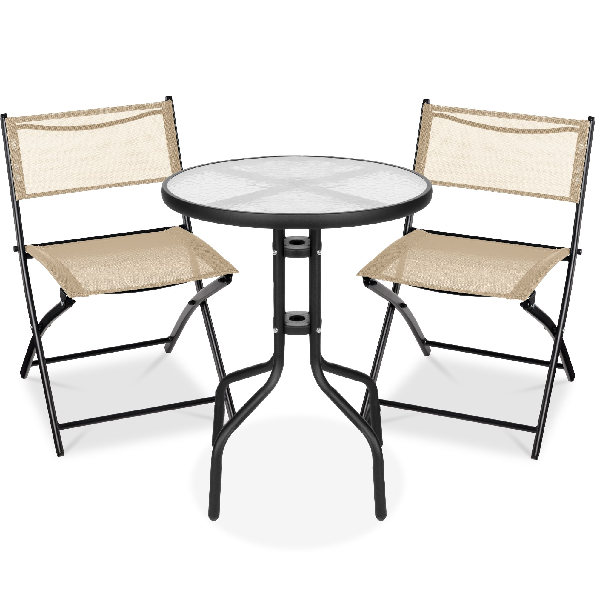Best Choice Products - 3-Piece Patio Bistro Dining Furniture Set w/ Glass Tabletop, Folding Chairs - Beige