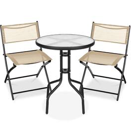 Best Choice Products - 3-Piece Patio Bistro Dining Furniture Set w/ Glass Tabletop, Folding Chairs - Beige