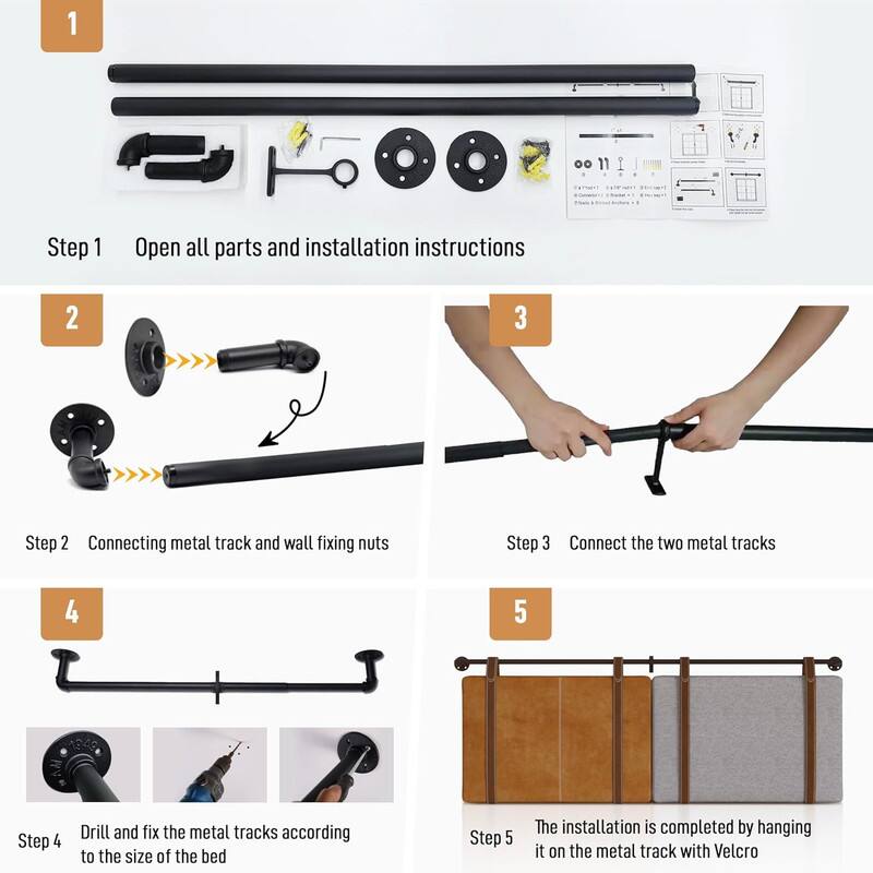 1. Step 1: Open all parts and installation instructions

2. Step 2: Connecting metal track and wall fixing nuts

3. Step 3: Connect the two metal tracks

4. Step 4: Drill and fix the metal tracks according to the size of the bed

5. Step 5: The installation is completed by hanging it on the metal track with Velcro