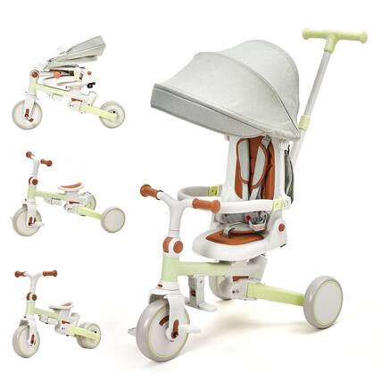 Front. Jojoka - 7-in-1 Foldable Baby Tricycle w/Adjustable Handle, Toddler Trike w/ Safety Harness, Wheel Brakes and Removable Canopy - Green.