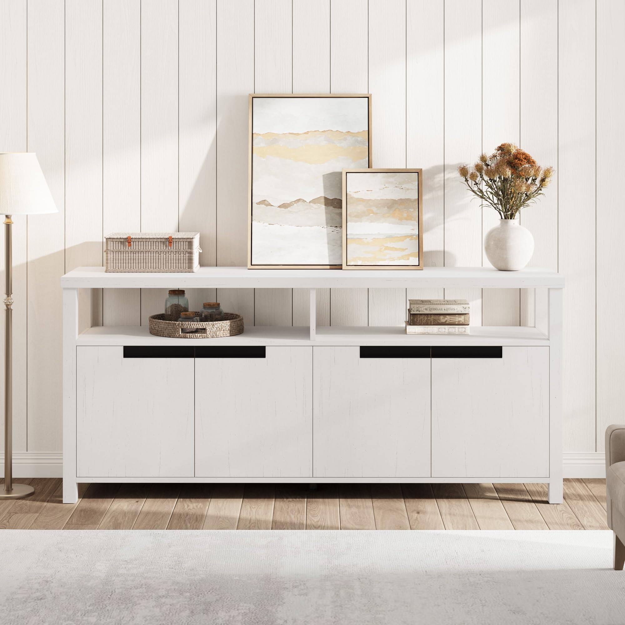 Left. GAOMON - GAOMON 63" Boho TV Stand for 70" TV, Long Entertainment Center with 4 Doors, Open Shelf & Adjustable Storage - White.