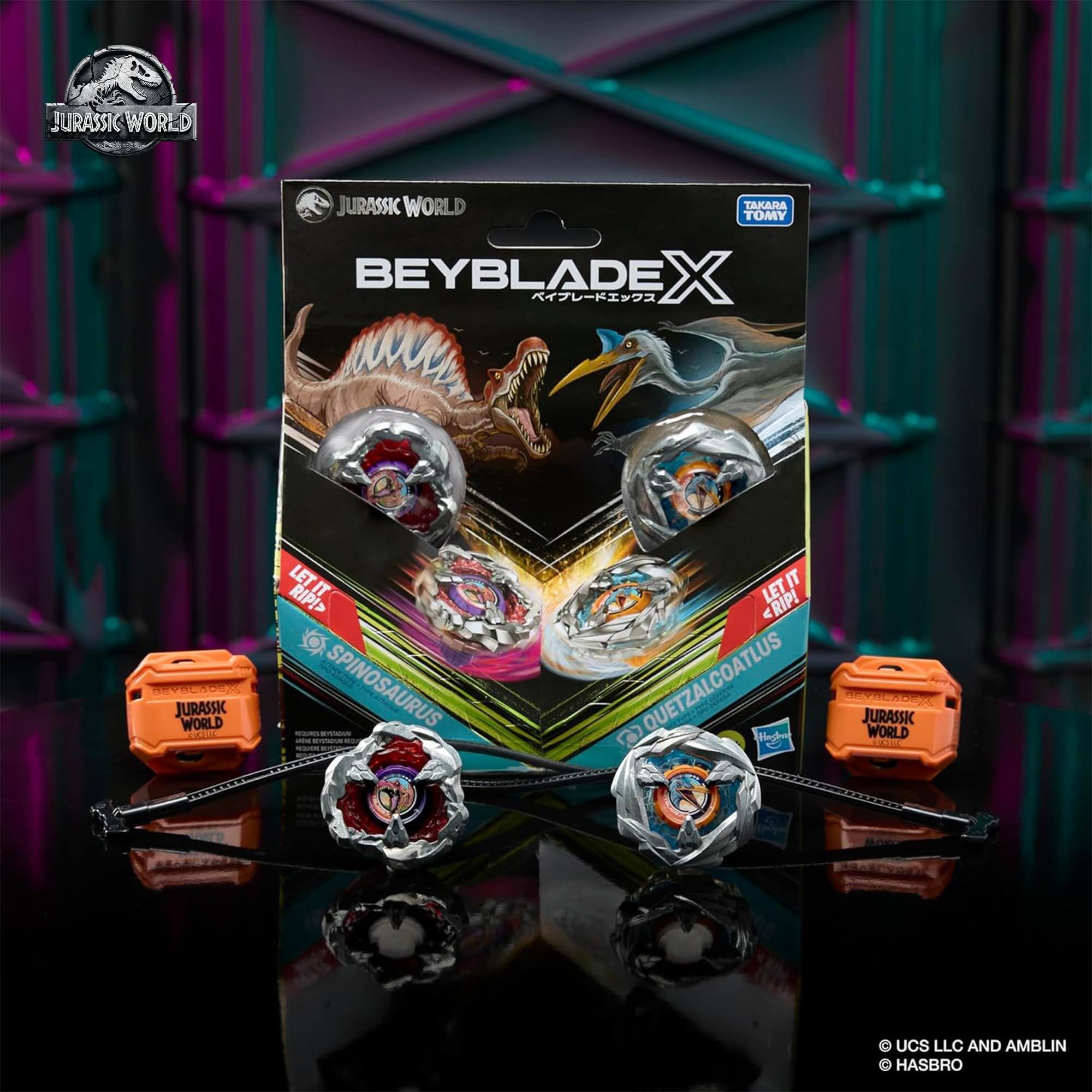 Jurassic World Jurassic World Takara Tomy Beyblade X Jurassic World FT Let Rip! Spinosaurus Let It Rip! Quetzalcoatlus 2 Hoghe PA Jurassic World Coda UCS LLC and Amblin Hasbro