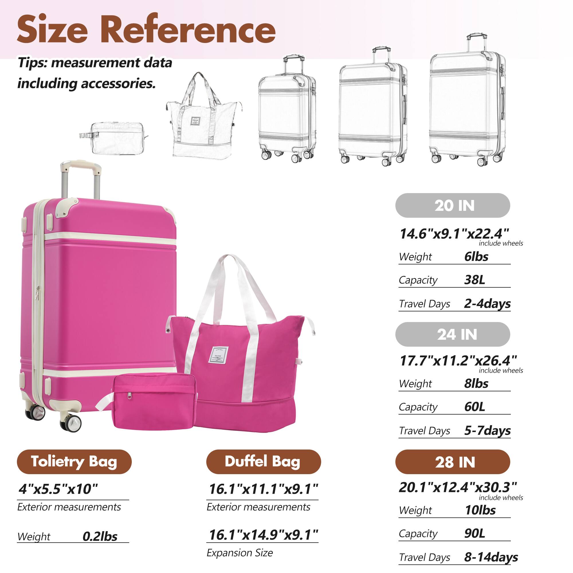 **Size Reference Tips: measurement data including accessories.**

- **20 IN**
  - 14.6" x 9.1" x 22.4" (include wheels)
  - Weight: 6lbs
  - Capacity: 38L
  - Travel Days: 2-4 days

- **24 IN**
  - 17.7" x 11.2" x 26.4" (include wheels)
  - Weight: 8lbs
  - Capacity: 60L
  - Travel Days: 5-7 days

- **28 IN**
  - 20.1" x 12.4" x 30.3" (include wheels)
  - Weight: 10lbs
  - Capacity: 90L
  - Travel Days: 8-14 days

- **Toiletry Bag**
  - 4" x 5.5" x 10"
  - Exterior measurements
  - Weight: 0.2lbs

- **Duffel Bag**
  - 16.1" x 11.1" x 9.