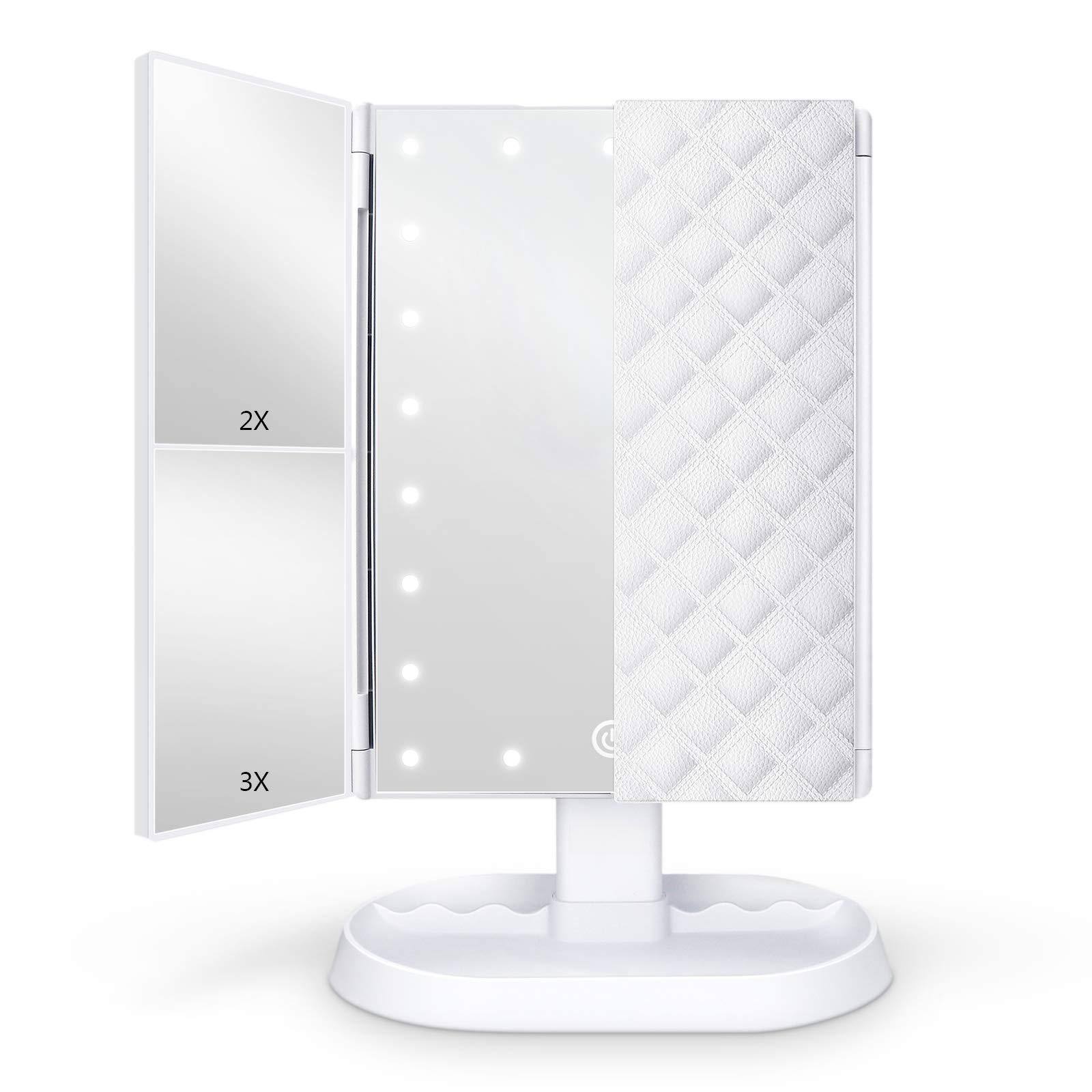 Front. HM 1810 - Trifold Lighted Vanity Makeup Mirror With Led Lights Magnification And Touch Screen Dimming Two Power Suppl - White.