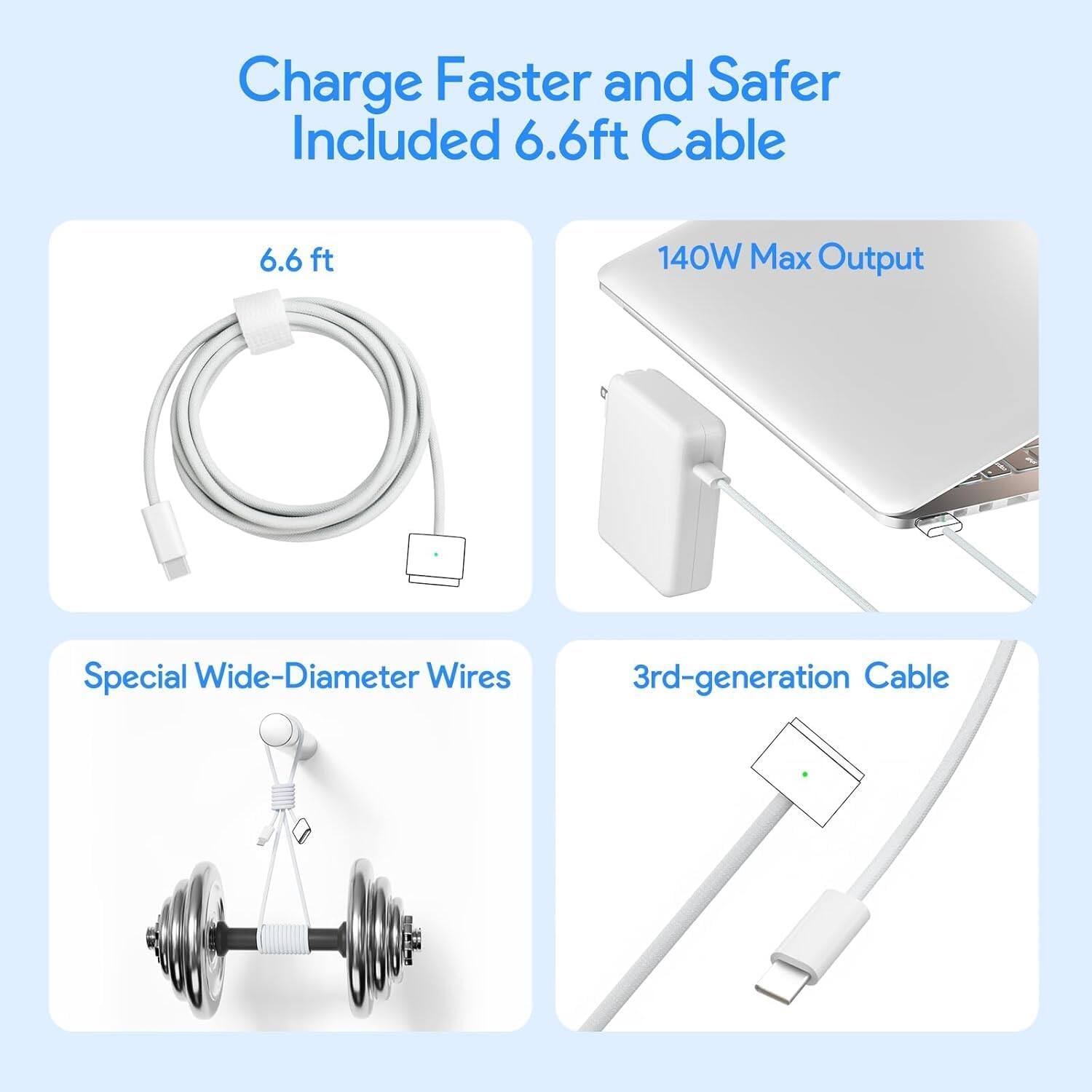 Charge Faster and Safer  
Included 6.6ft Cable  

6.6 ft  
140W Max Output  

Special Wide-Diameter Wires  
3rd-generation Cable