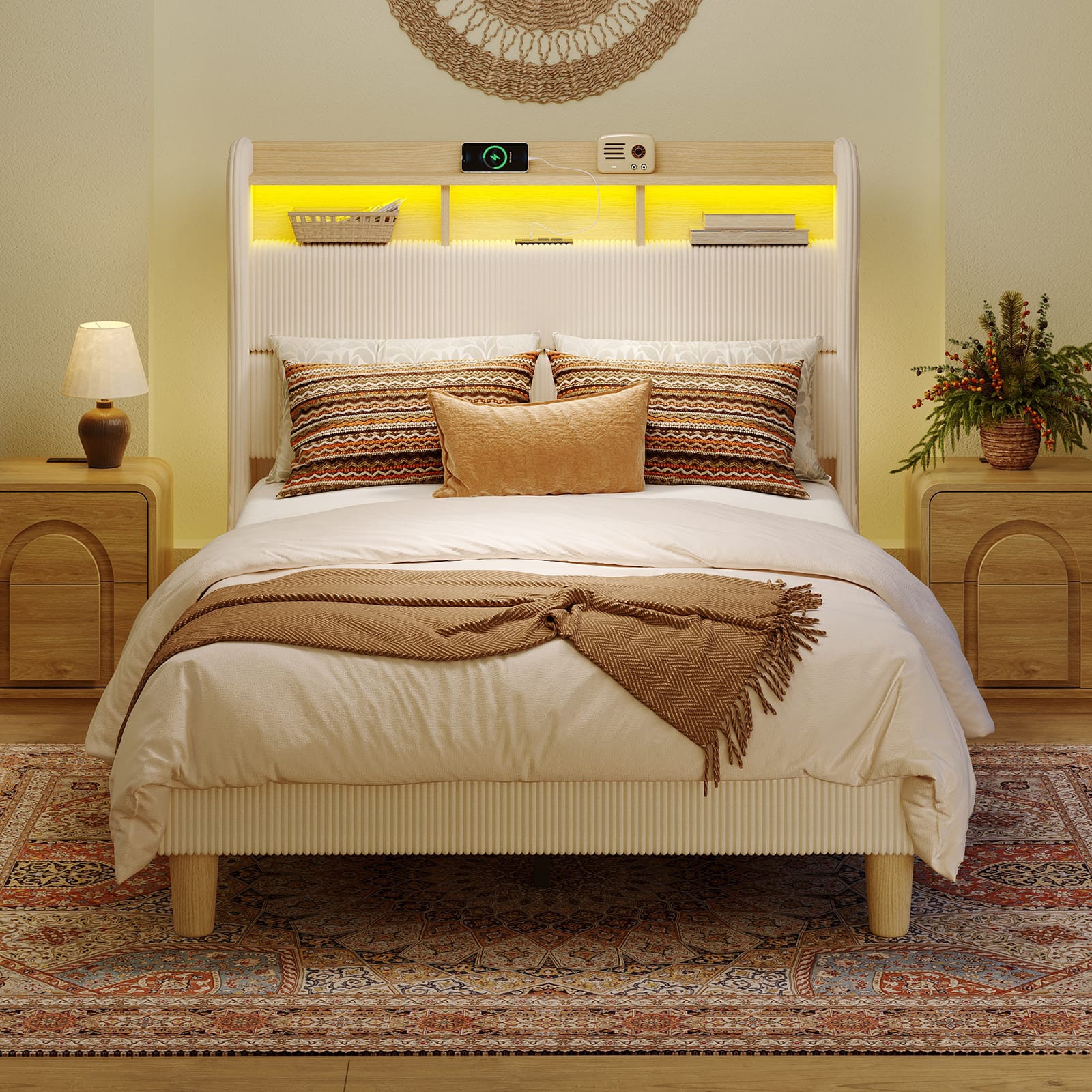 Front. Bestier - Upholstered Platform Bed Frame - 51" Tall Storage Headboard with Charging Station, RGB LED Lights & Corduroy Fabric - Off White.