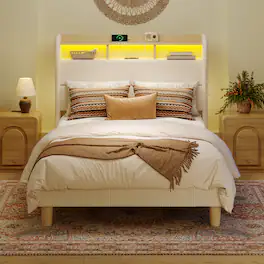 Bestier - Upholstered Platform Bed Frame - 51" Tall Storage Headboard with Charging Station, RGB LED Lights & Corduroy Fabric - Off White