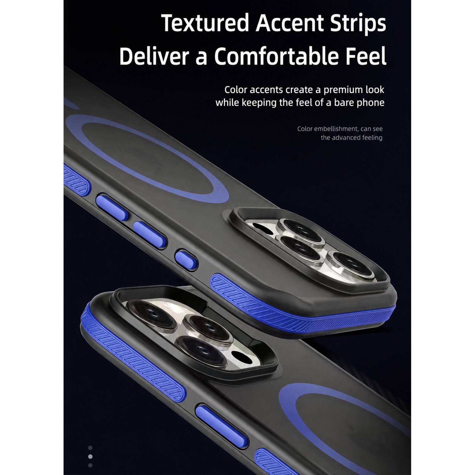 Textured Accent Strips Deliver a Comfortable Feel

Color accents create a premium look while keeping the feel of a bare phone

Color embellishment, can see the advanced feeling