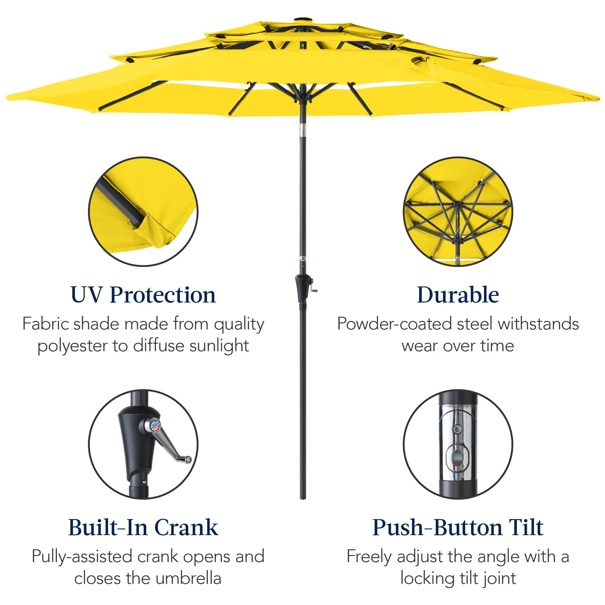 UV Protection Fabric shade made from quality polyester to diffuse sunlight. Durable Powder-coated steel withstands wear over time. Built-In Crank: Pulley-assisted crank opens and closes the umbrella. Push-Button Tilt: Freely adjust the angle with a locking tilt joint.