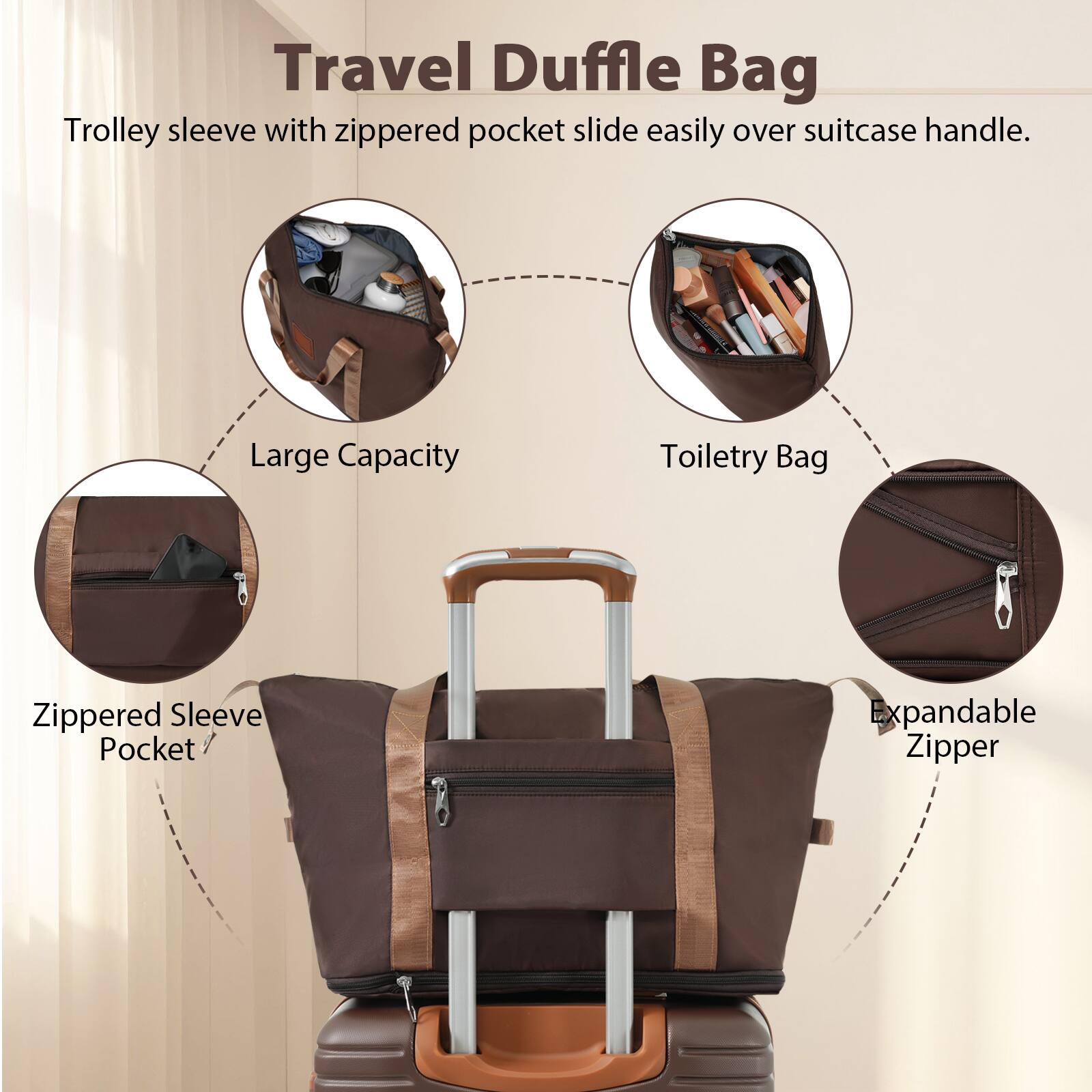 Travel Duffle Bag

Trolley sleeve with zippered pocket slide easily over suitcase handle.

- Large Capacity
- Toiletry Bag
- Zippered Sleeve Pocket
- Expandable Zipper