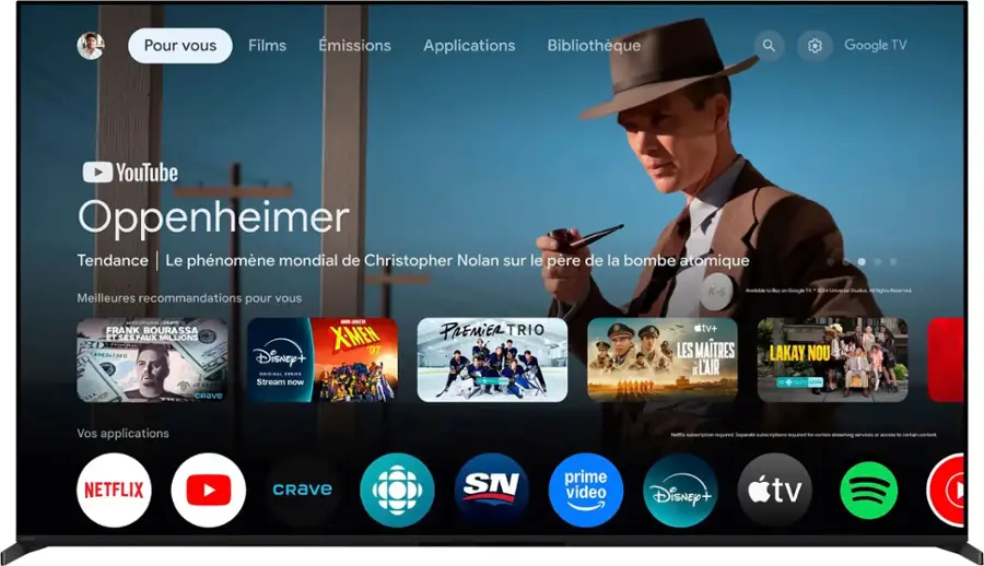 Pour vous Films missions Applications Bibliothque Google TV YouTube Oppenheimer Tendance Le phnomne mondial de Christopher Nolan sur le pre de la bombe atomique Meilleures recommandations pour vous QRIGRALL Chave -NO FRANK BOURASSA 20 ET SES FAUX MILLIONS XIMEN 97 87380 Disney+ ORIDINAL SERIS JE 126392 Stream now PREMiER TRIO K-6 Aralablo 10 Buy en Google TV 2004 Universal Studios N Rights Reserved tv+ LES MATRES LAKAY NOU D L'AIR routy CRAVe Vos applications Neta subscription required Separate subscriptions required ey certain streaming senvines - aces to Certain content NETFLIX CRAve SN prime video Disney+ tv