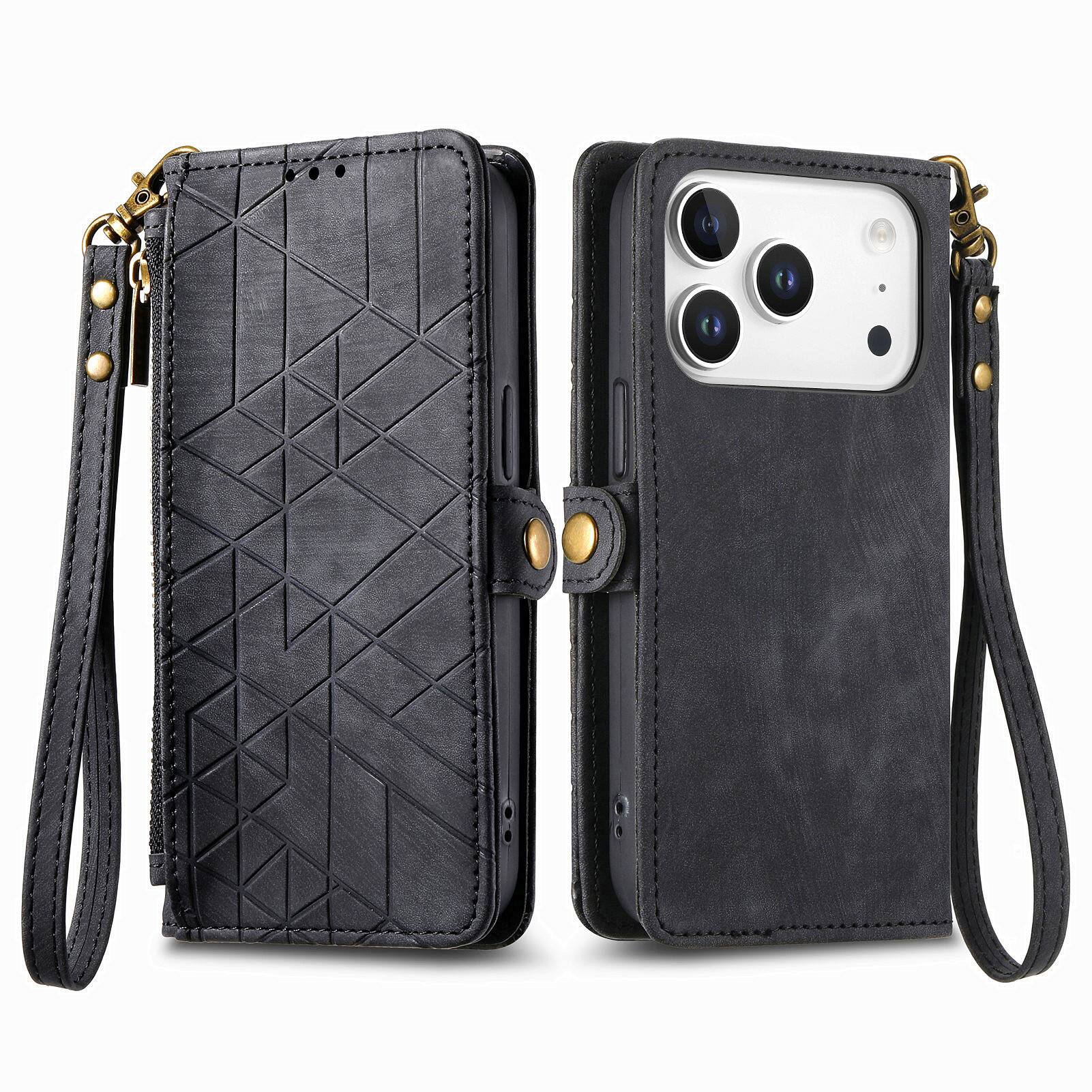 Back. Dteck - Magnetic Wallet Case For iPhone 17 Pro Max, Shockproof Zipper Kickstand Card Holder with Lanyard Flip Cover - Black.