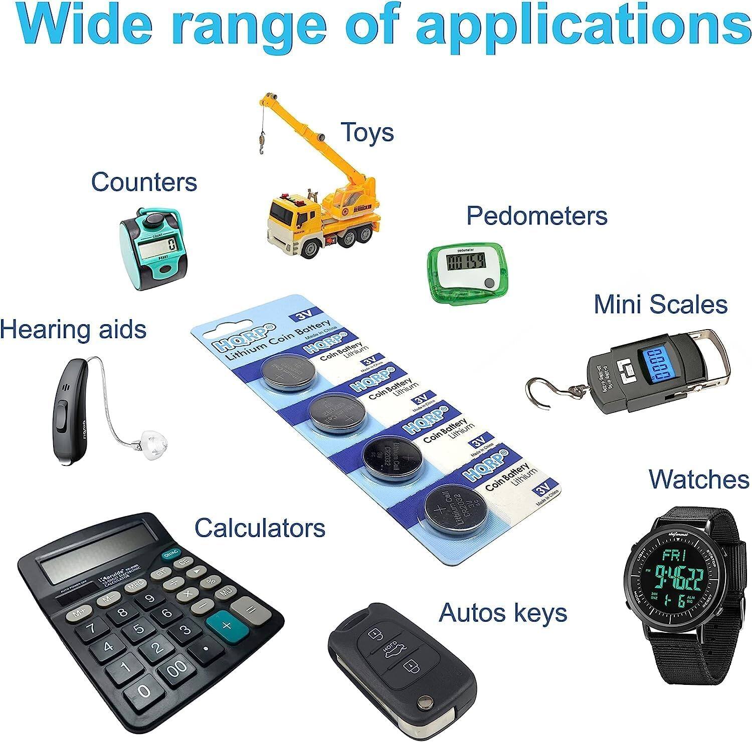 Wide range of applications  
Toys  
Counters  
Pedometers  
Mini Scales  
Hearing aids  
Battery  
Watches  
Calculators  
Autos keys