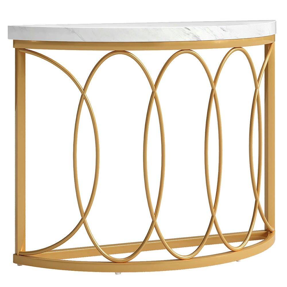 Back. Kadyn - Entryway Table, Console Sofa Table,Faux Marble Console Table, 43" Half Moon Sofa Entryway Table - White.