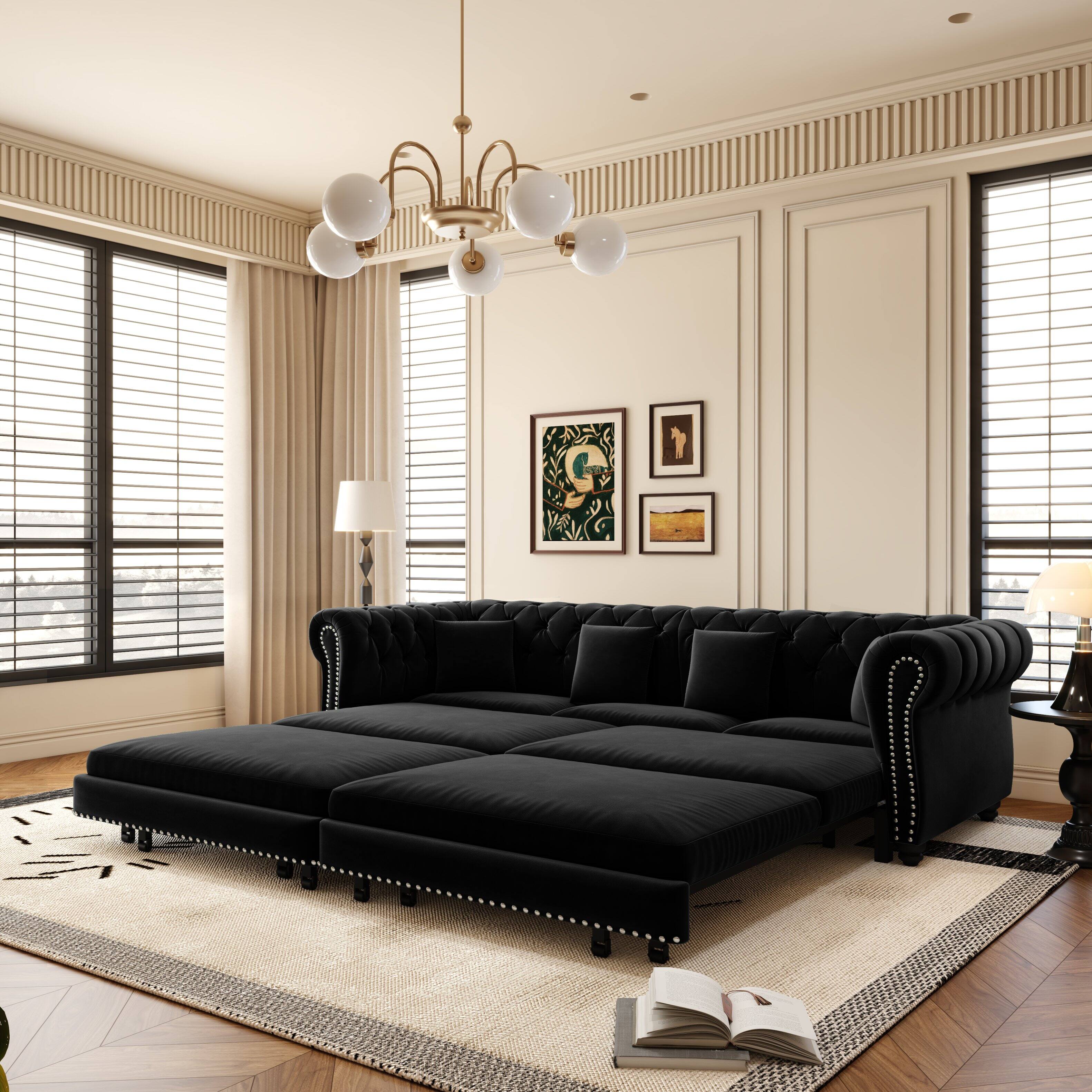 Angle. Anysun - 89" 3-in-1 Velvet Chesterfield Pull-Out Sofa Bed - King Size Sleeper with Chaise & Movable Ottoman - Black.